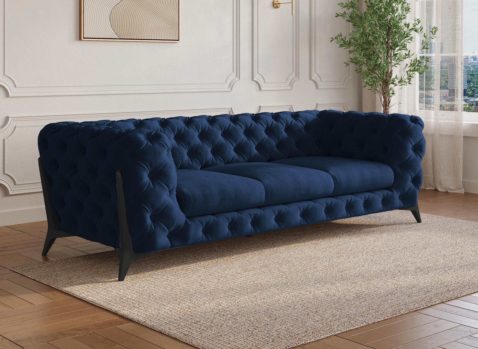 Canapé 3 places capitonné chesterfield velours bleu CARMEN