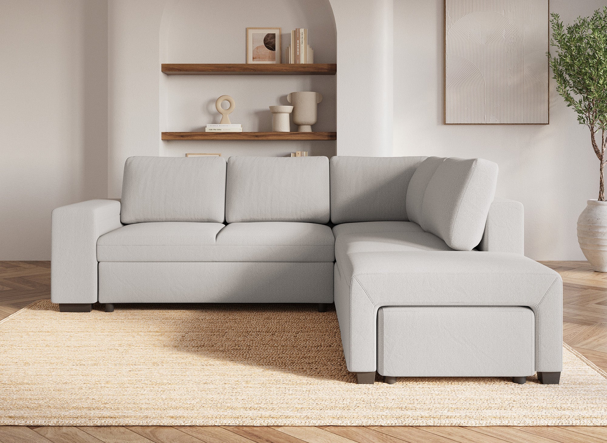 Canapé d'angle convertible en tissu beige ALBAN - Angle droit