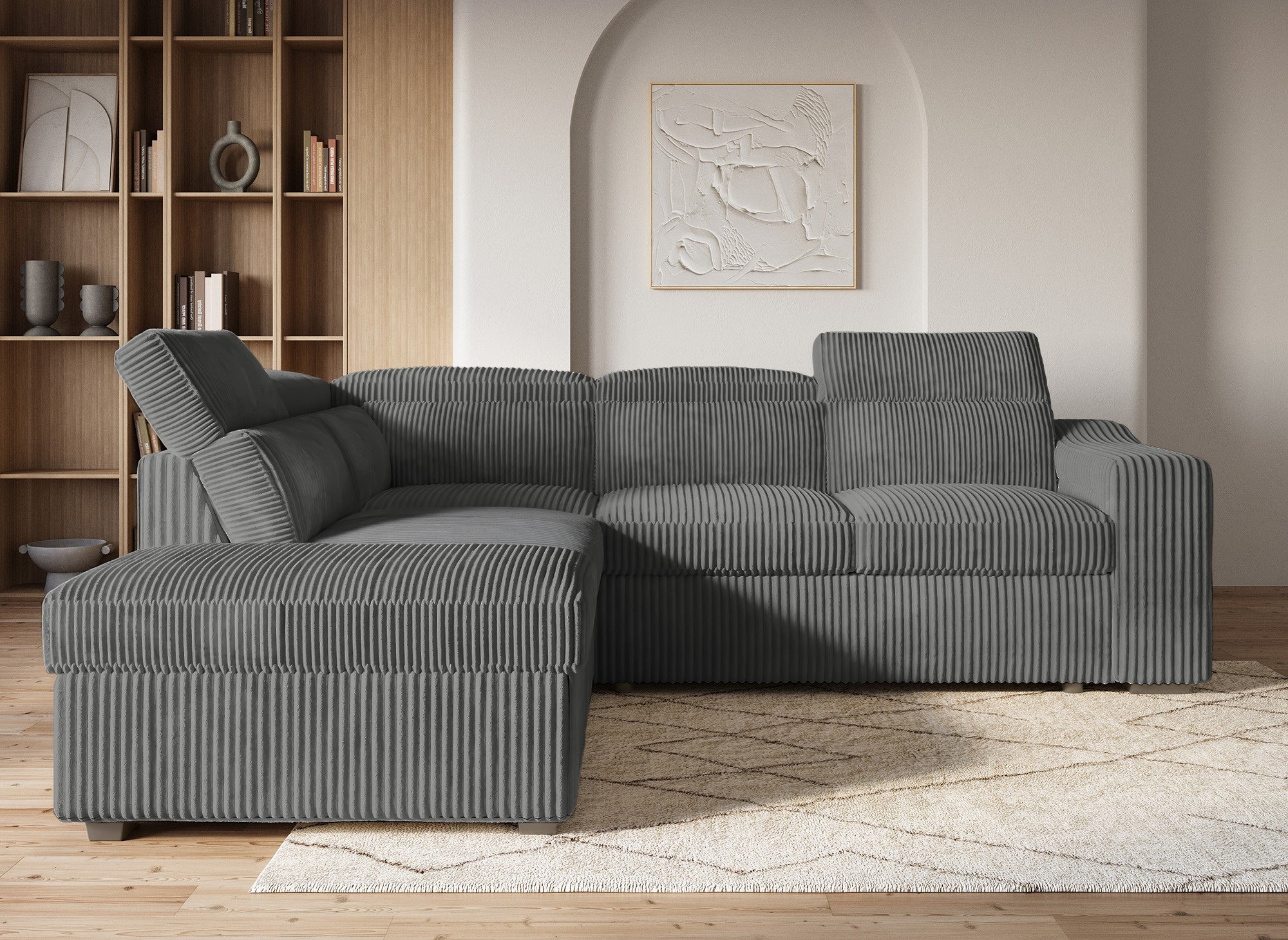 Canapé d'angle convertible avec coffre en velours côtelé gris MARTY - Angle gauche