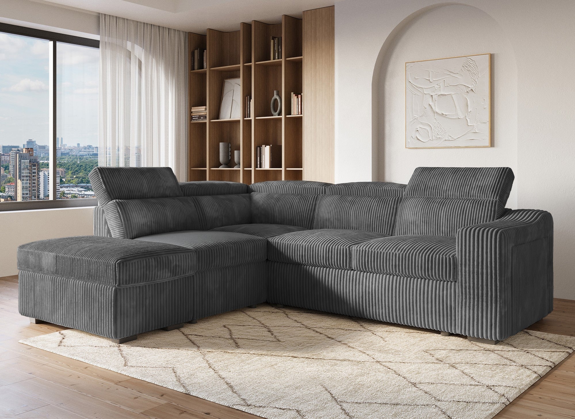 Canapé d'angle convertible avec coffre en velours côtelé gris MARTY - Angle gauche
