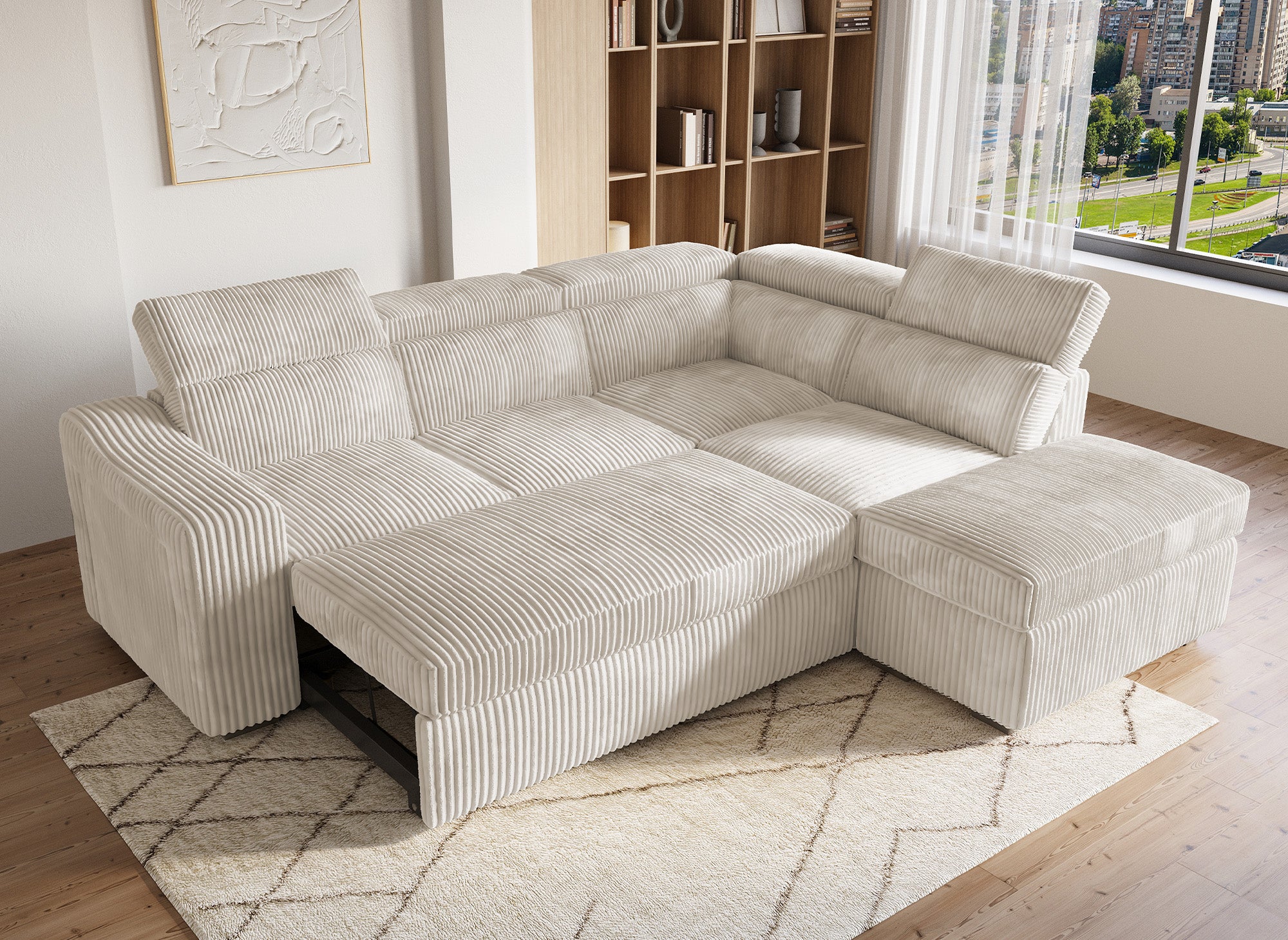 Canapé d'angle convertible avec coffre en velours côtelé beige MARTY - Angle droit