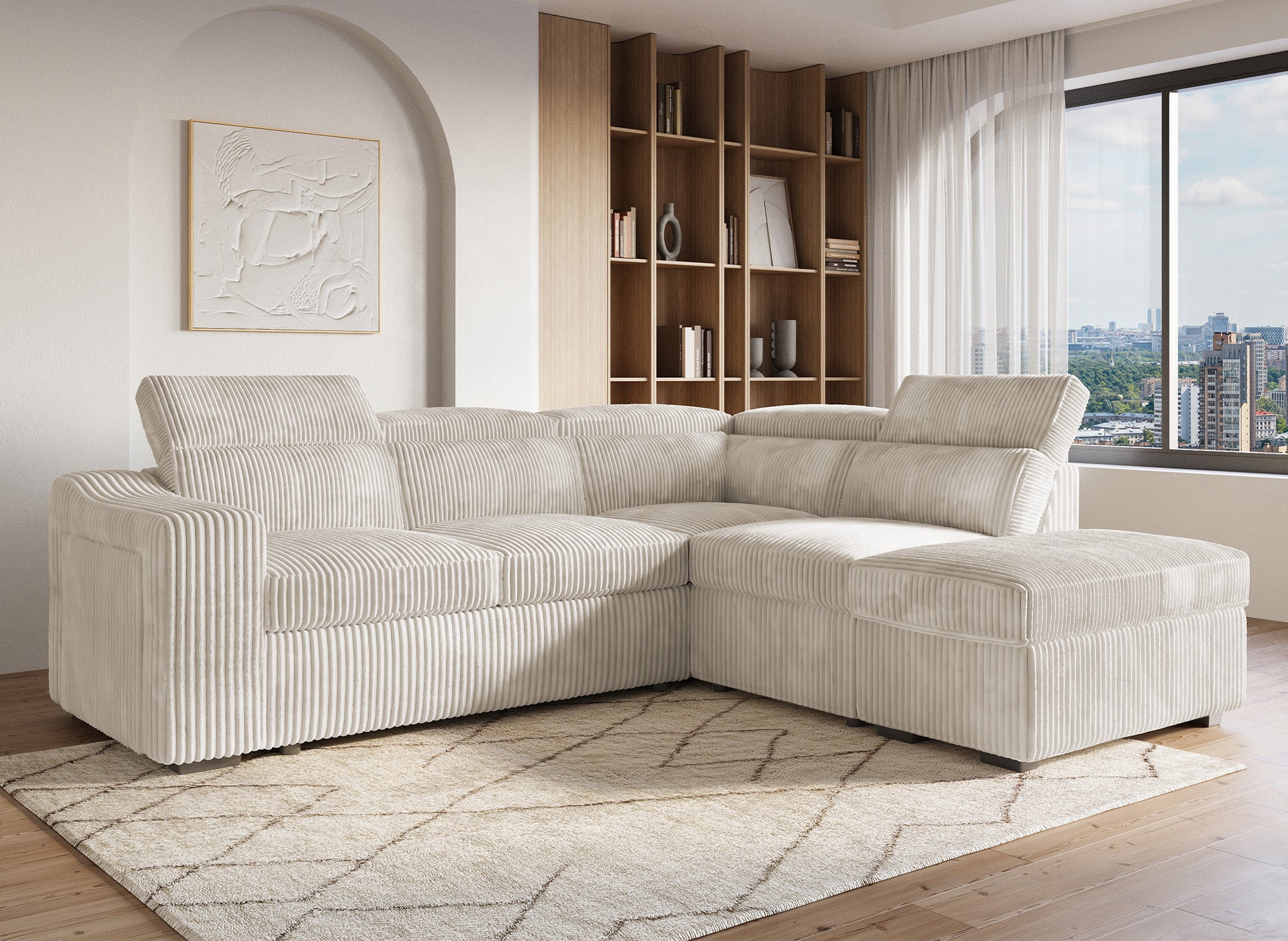 Canapé d'angle convertible avec coffre en velours côtelé beige MARTY - Angle droit