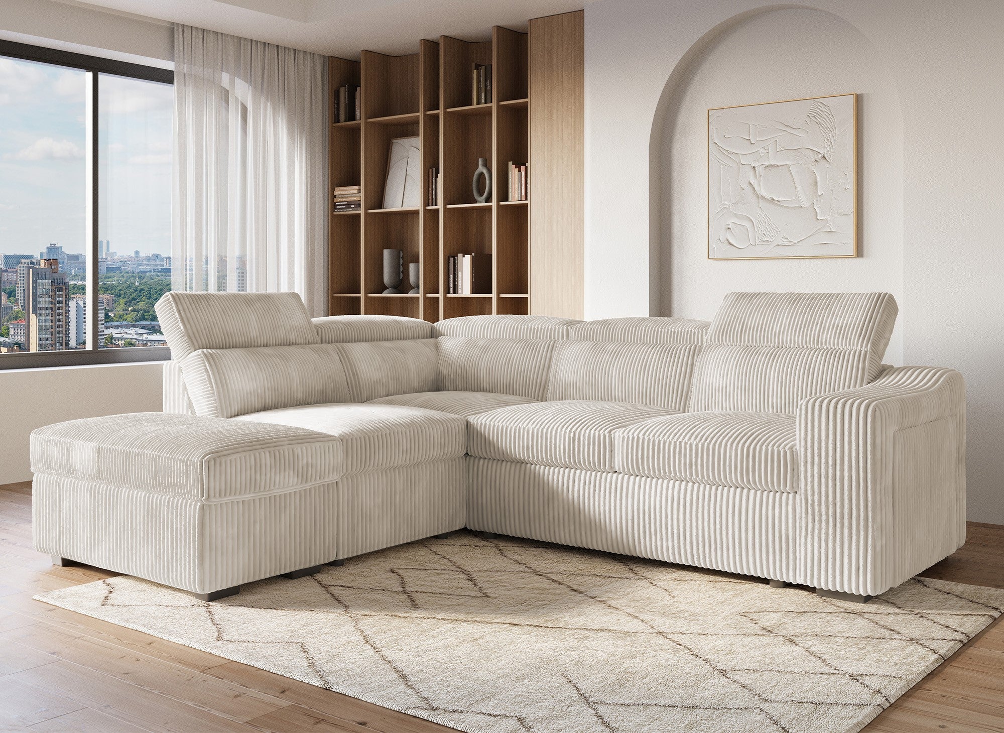 Canapé d'angle convertible avec coffre en velours beige côtelé MARTY - Angle gauche