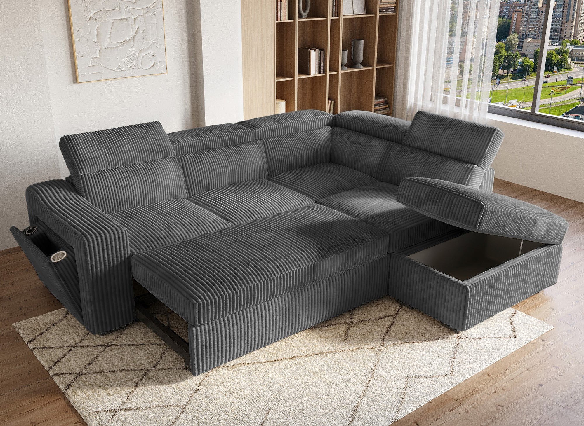 Canapé d'angle convertible avec coffre en velours côtelé gris MARTY - Angle droit