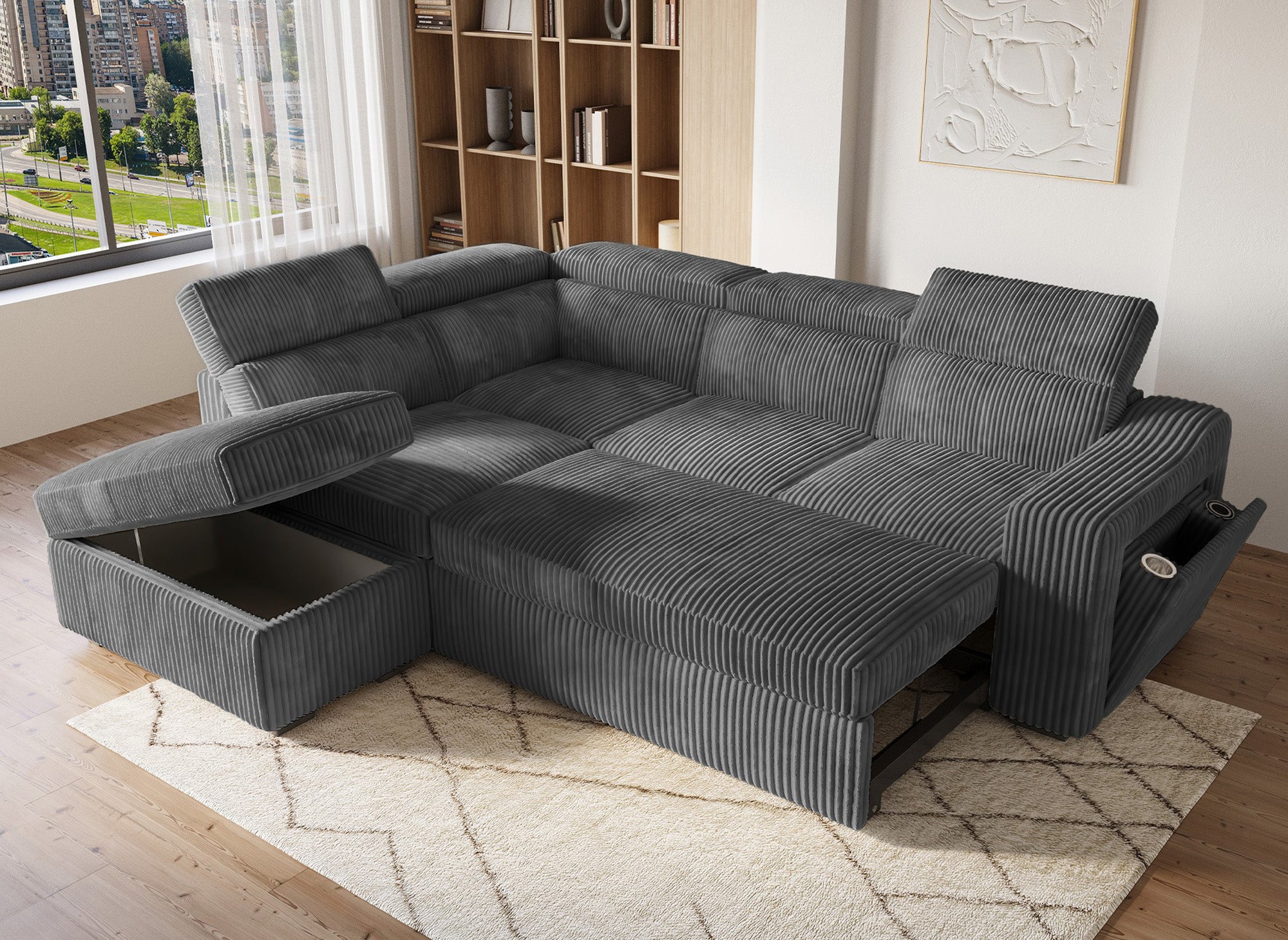 Canapé d'angle convertible avec coffre en velours côtelé gris MARTY - Angle gauche