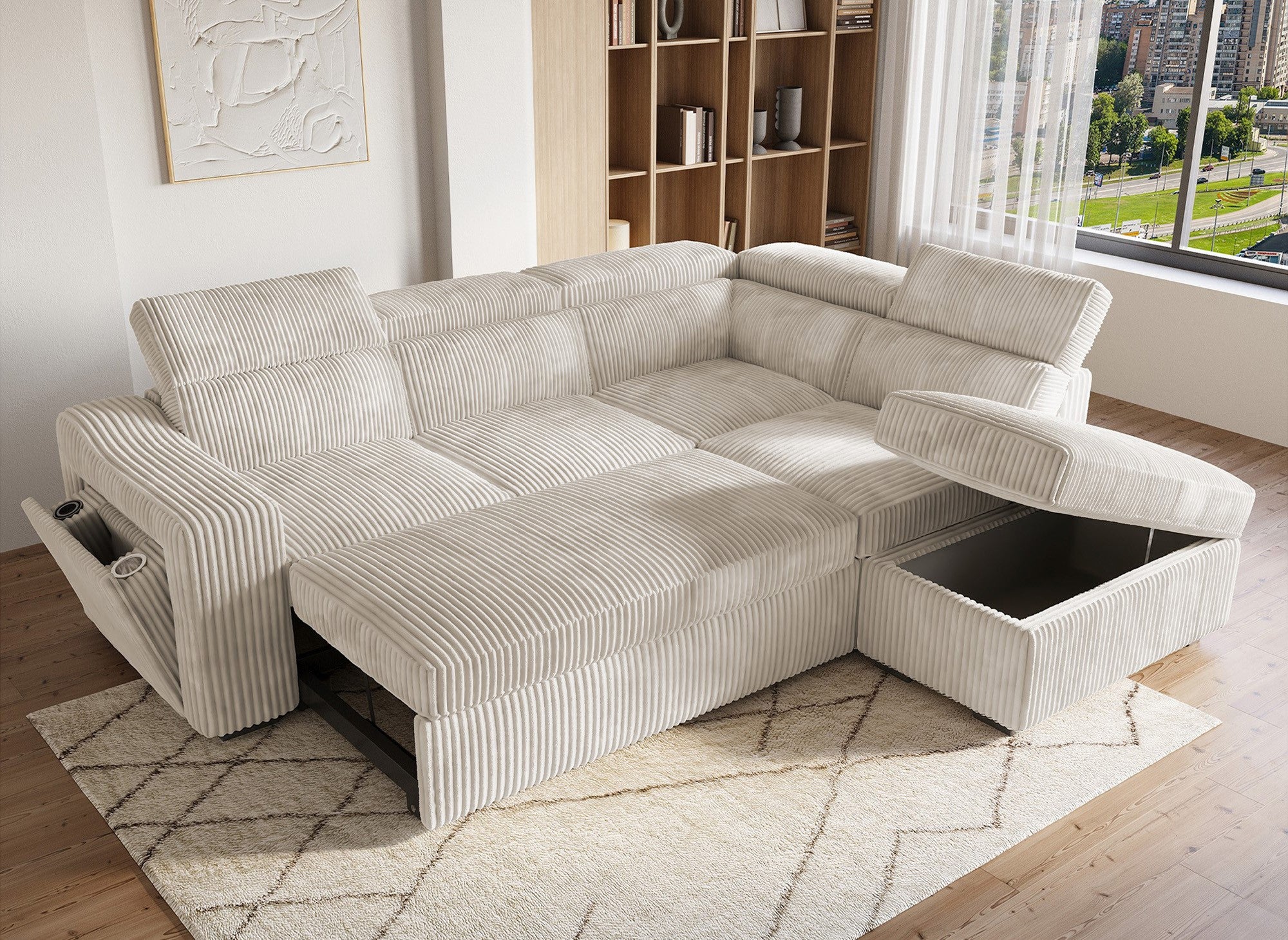 Canapé d'angle convertible avec coffre en velours côtelé beige MARTY - Angle droit