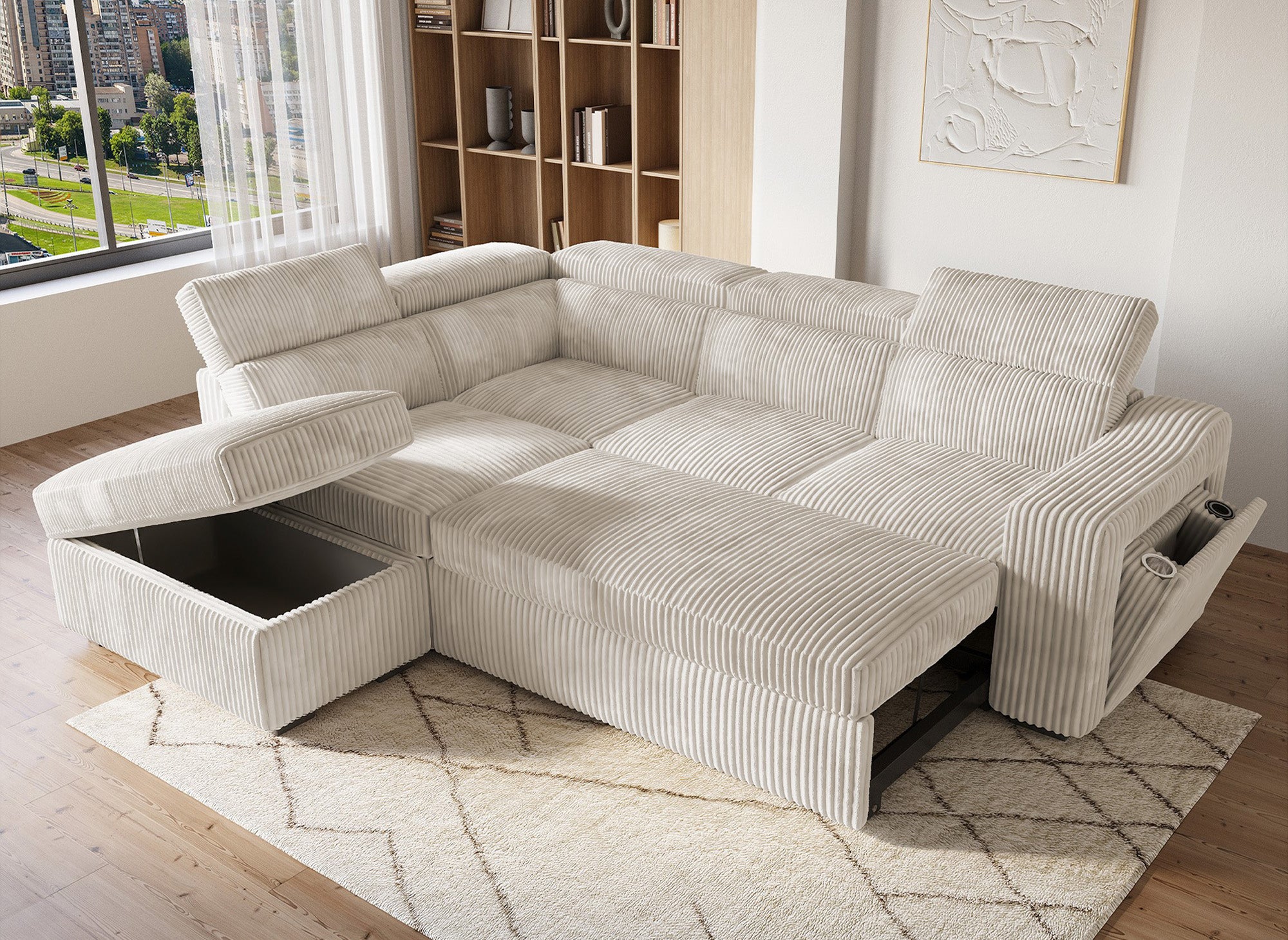 Canapé d'angle convertible avec coffre en velours beige côtelé MARTY - Angle gauche