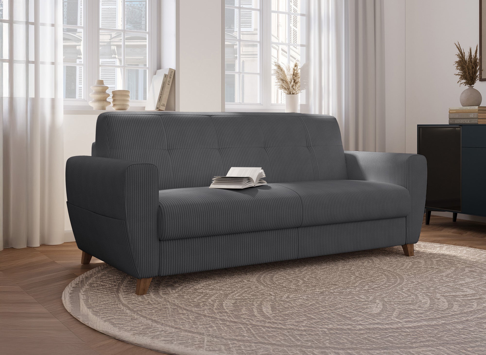 Canapé convertible 3 places en velours côtelé gris foncé avec matelas 18cm TOBIAS