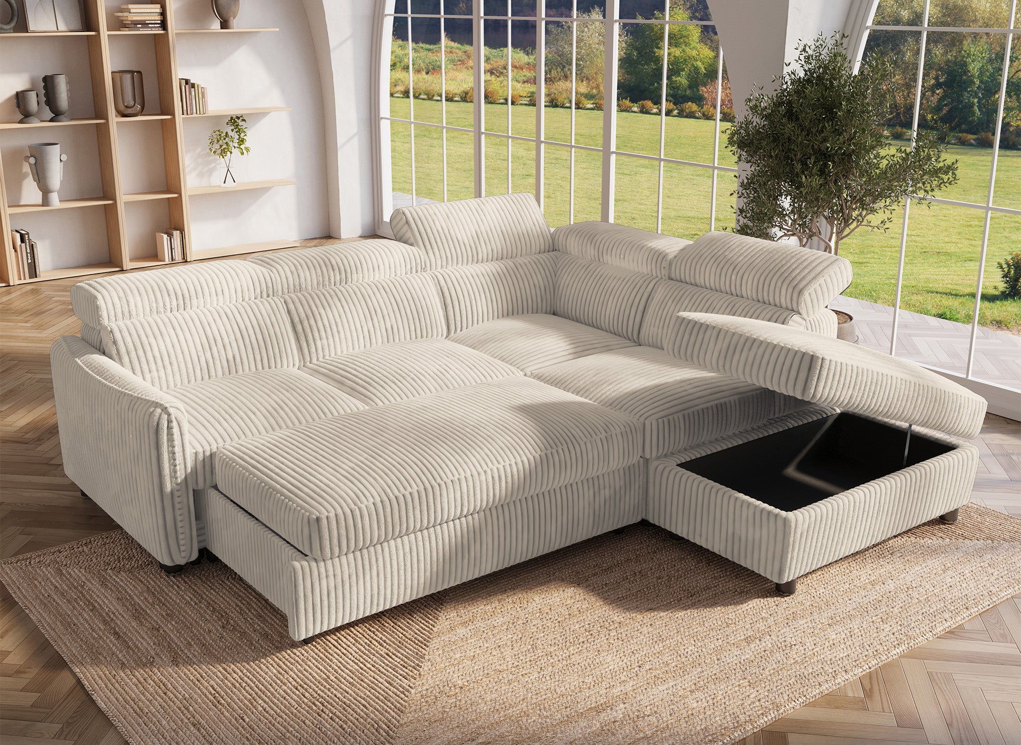 Canapé d'angle convertible en velours côtelé épais beige NAIROBI - Angle droit