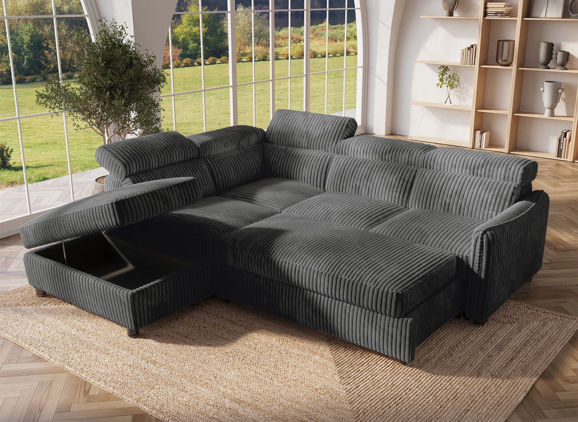 Divano angolare trasformabile in velluto a coste spesso grigio NAIROBI - Angolo sinistro