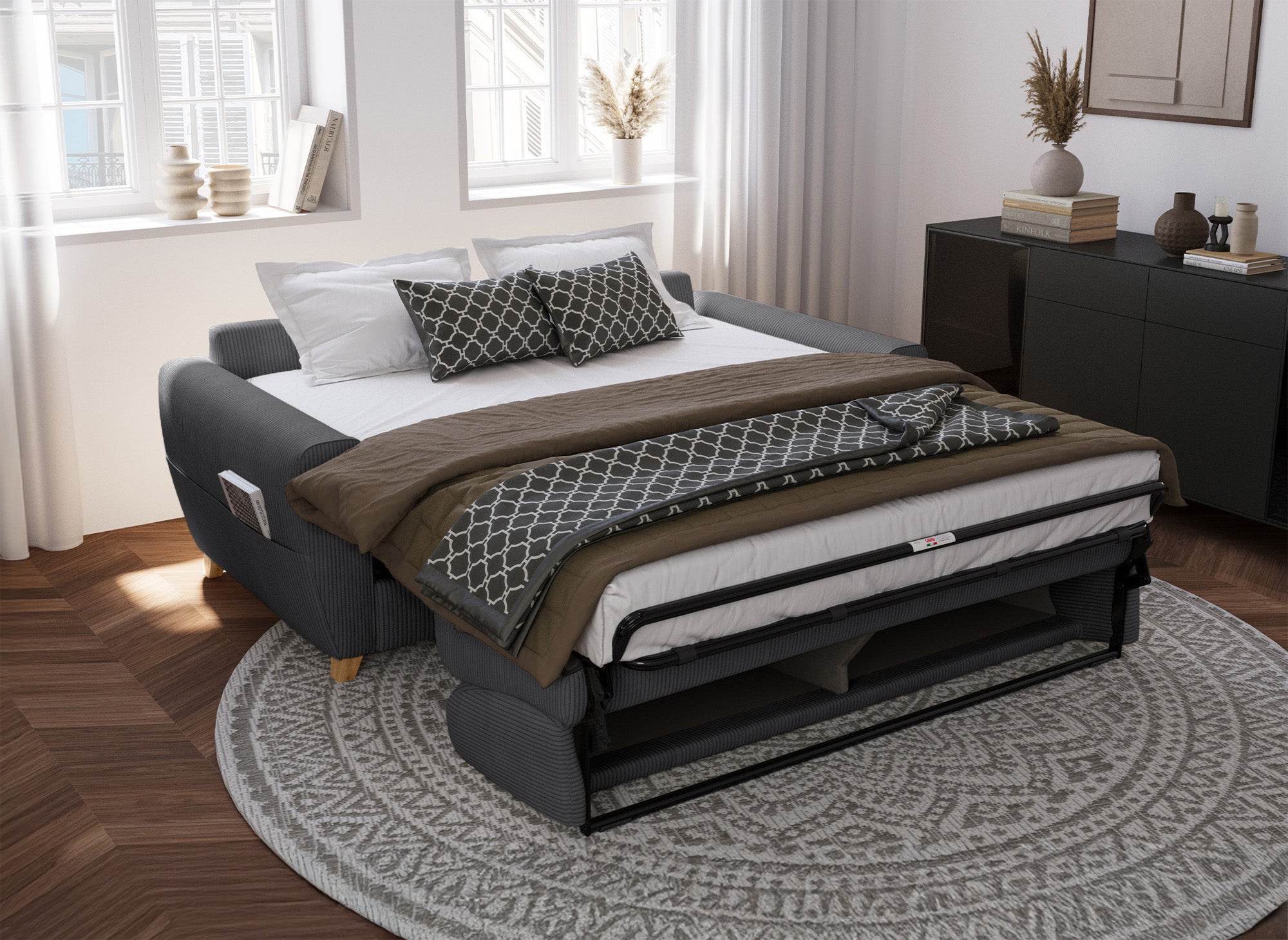 Canapé convertible 3 places en velours côtelé gris foncé avec matelas 18cm TOBIAS