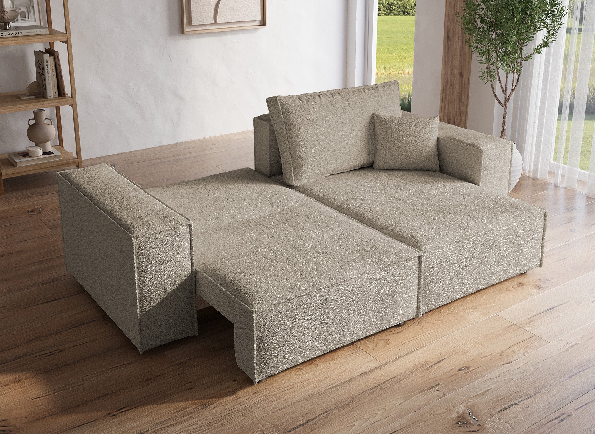 Canapé d'angle convertible et réversible avec coffre en tissu bouclette taupe JADE MINI
