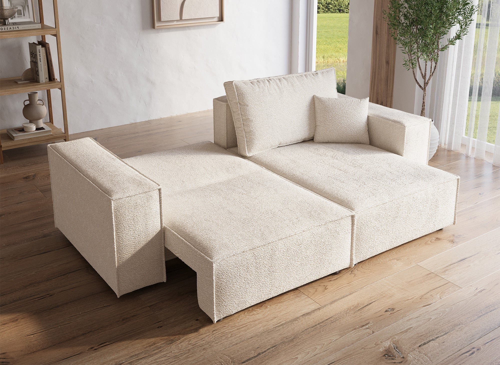 Canapé d'angle convertible et réversible avec coffre en tissu bouclette beige JADE MINI
