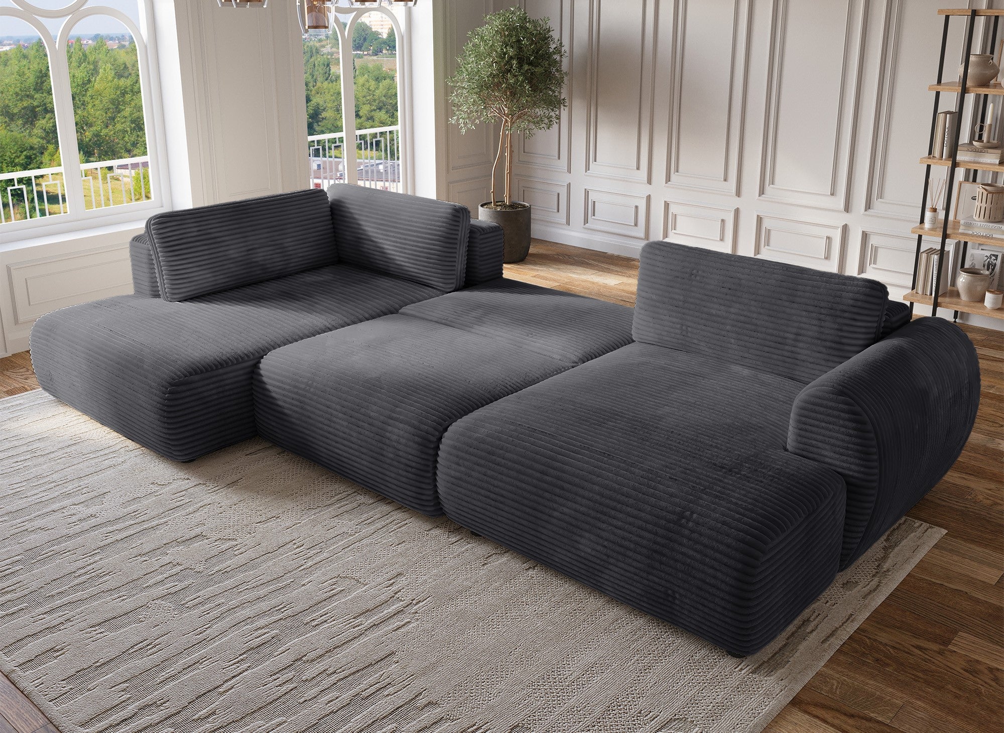 Canapé panoramique convertible avec coffre en velours gros côtelé gris TILDA - Angle gauche