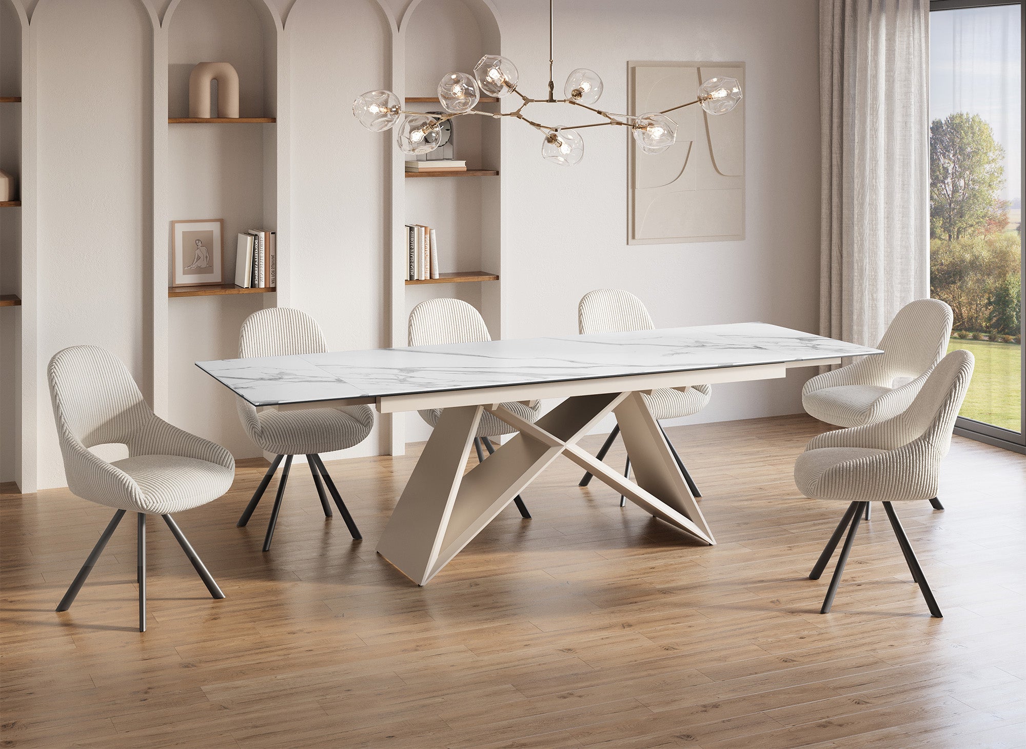 Tavolo da pranzo allungabile in ceramica bianca effetto marmo GABRIEL