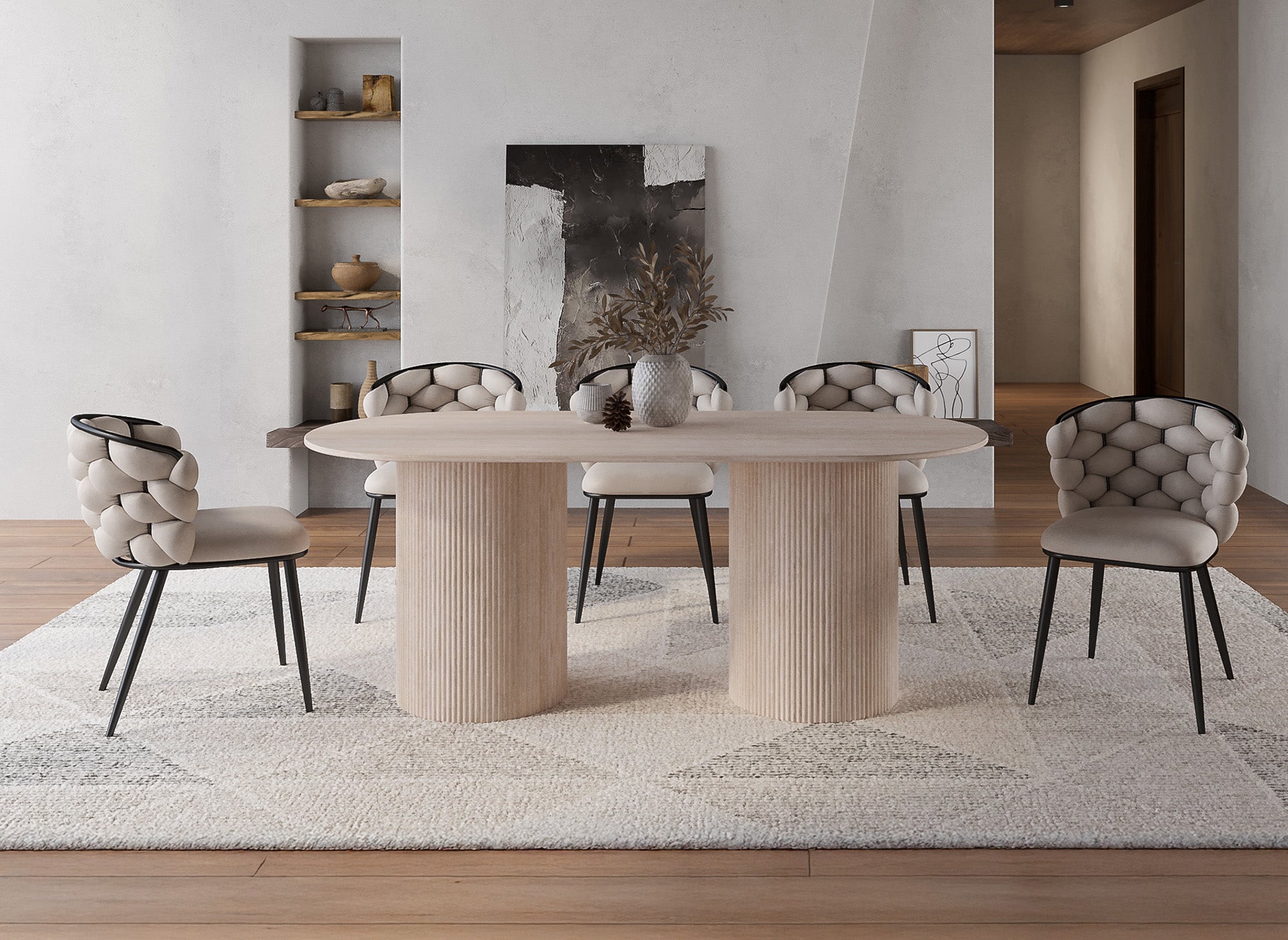 Table à manger ovale en marbre composite beige 8 personnes DHARA