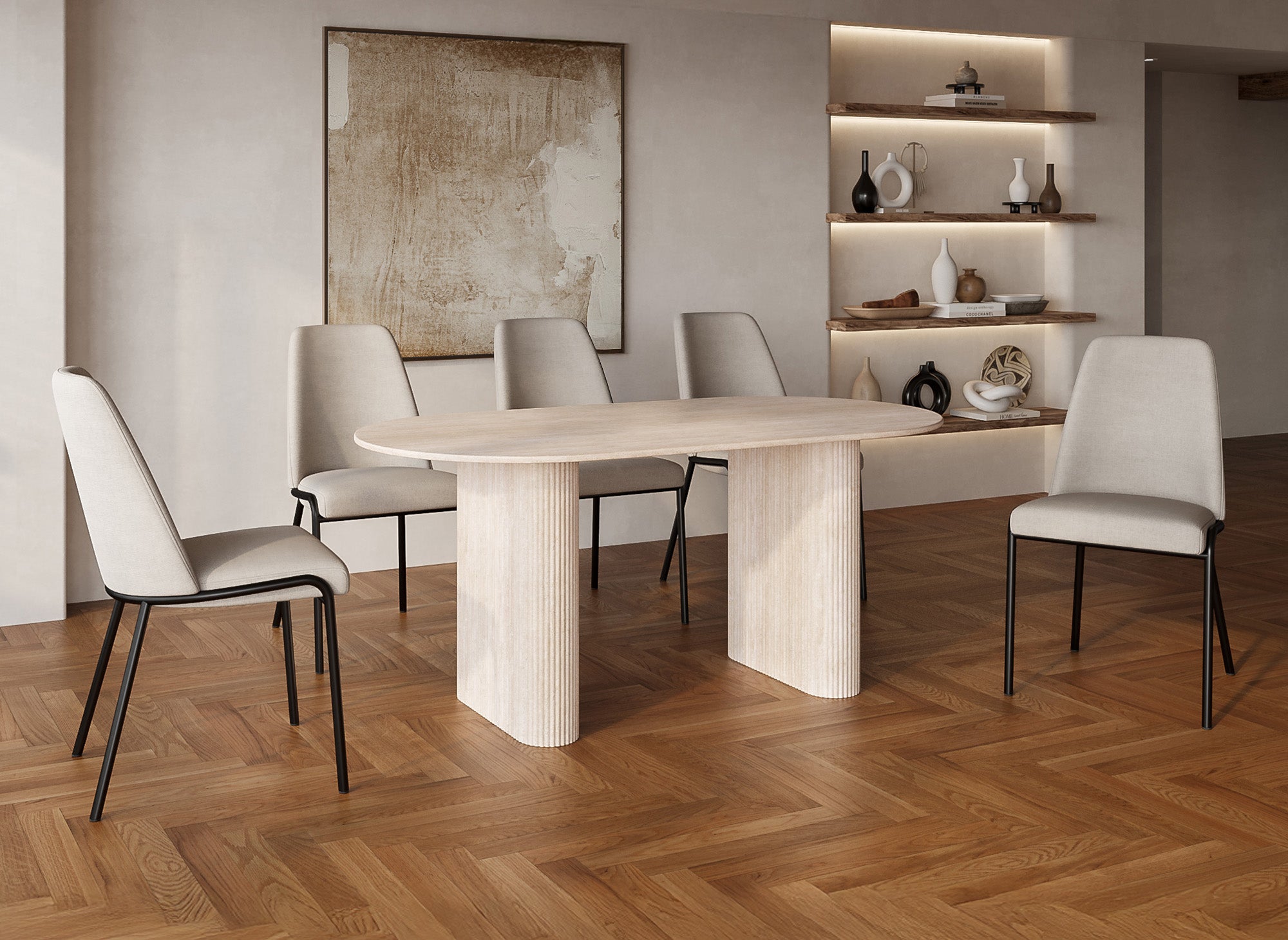 Table à manger ovale en marbre composite beige 6 personnes ELMA