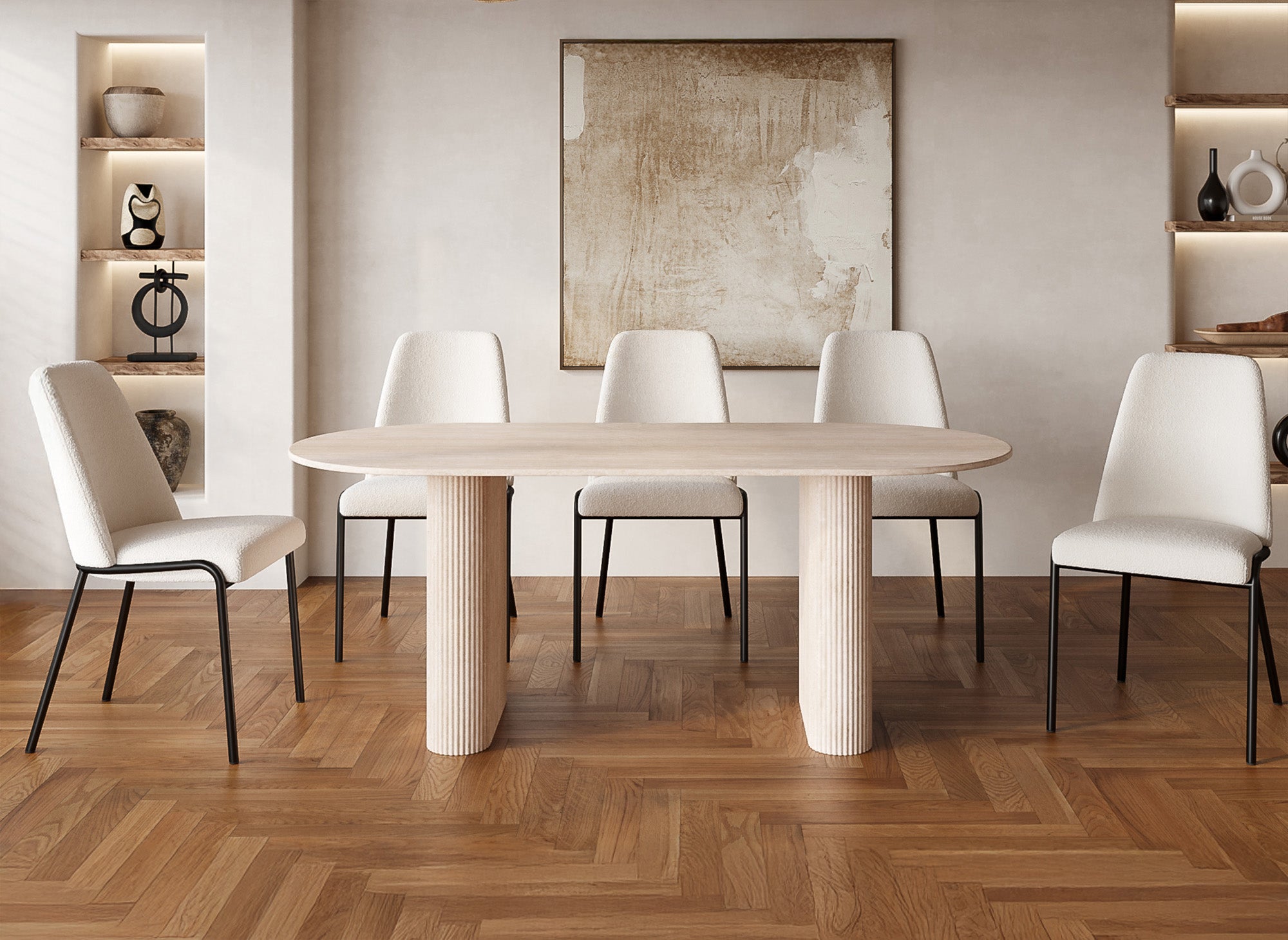 Table à manger ovale en marbre composite beige 8 personnes ELMA