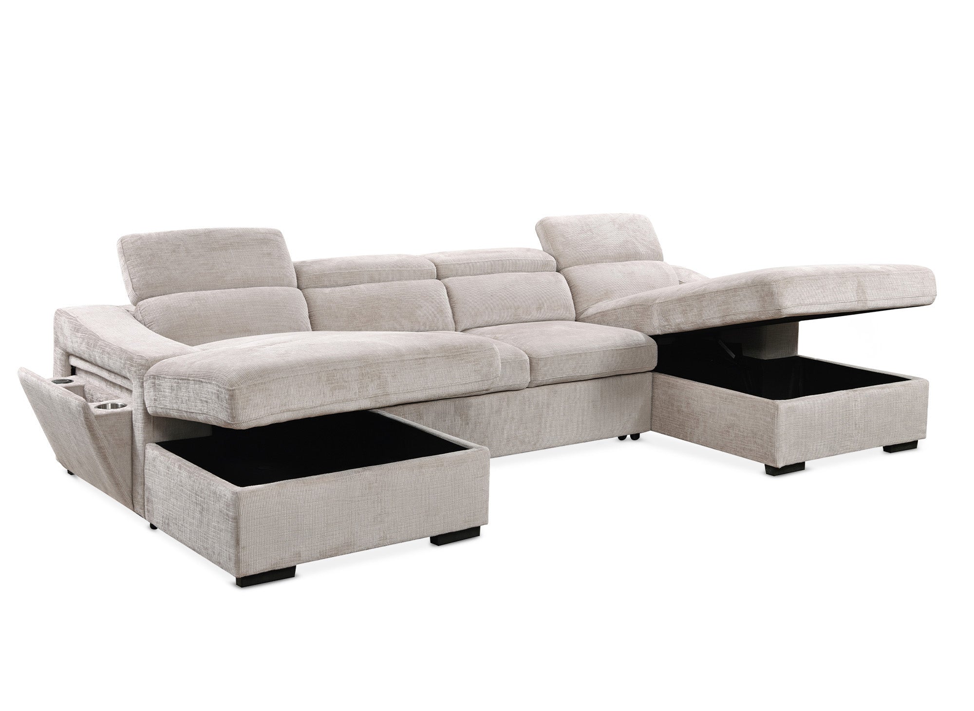 Canapé panoramique convertible avec 2 coffres en velours chiné beige VELORA
