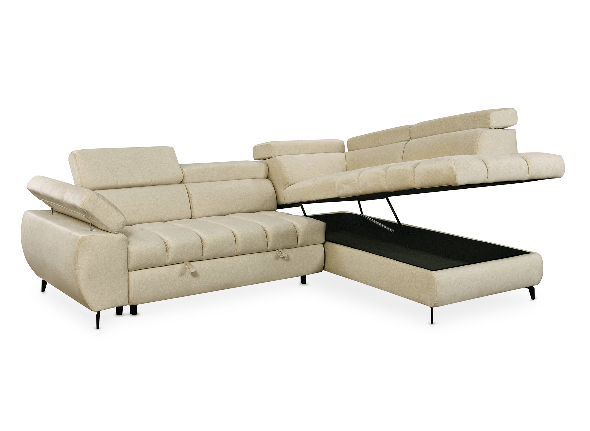 Canapé d'angle convertible matelassé avec coffre en velours beige LUCIANO - Angle droit