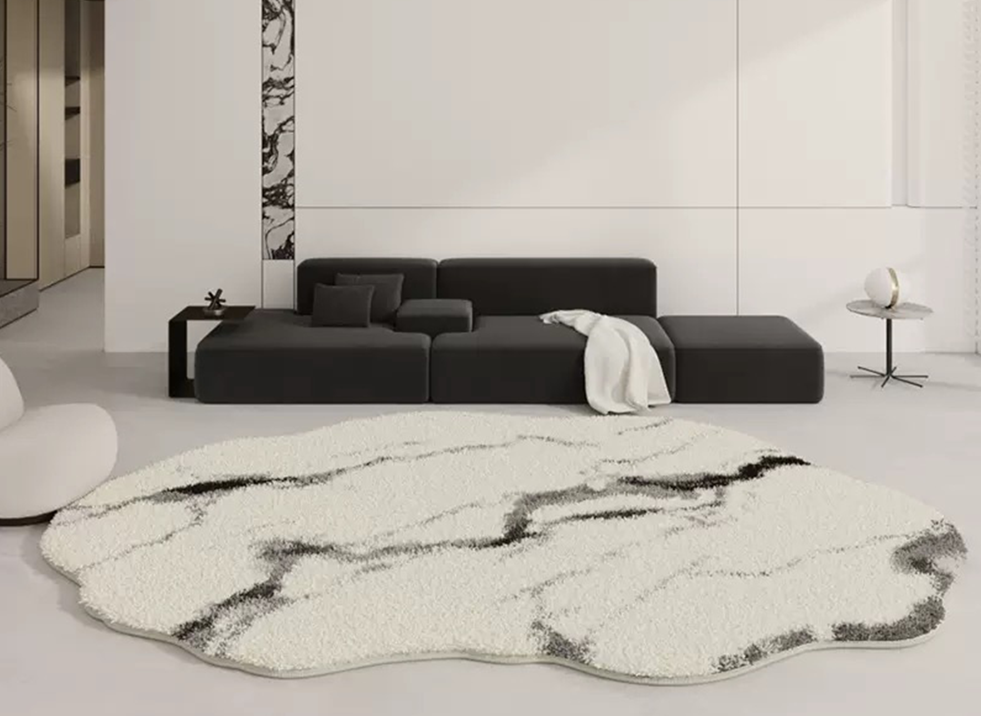 Tapis à forme organique motifs marbre noir et blanc en tissu effet cachemire 160x230 cm ZAEL