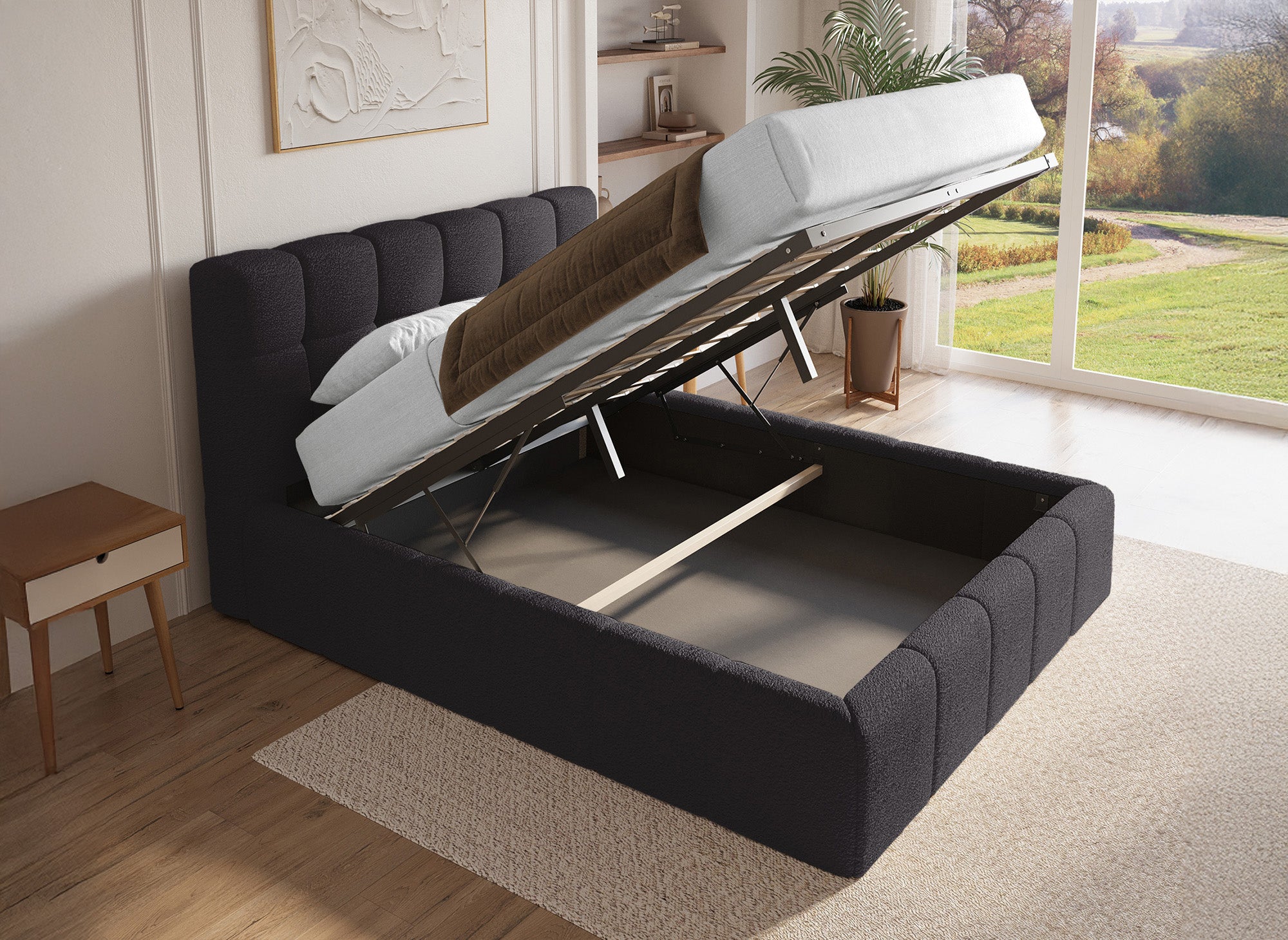 Lit coffre en tissu bouclette gris 140x190 cm MILIE