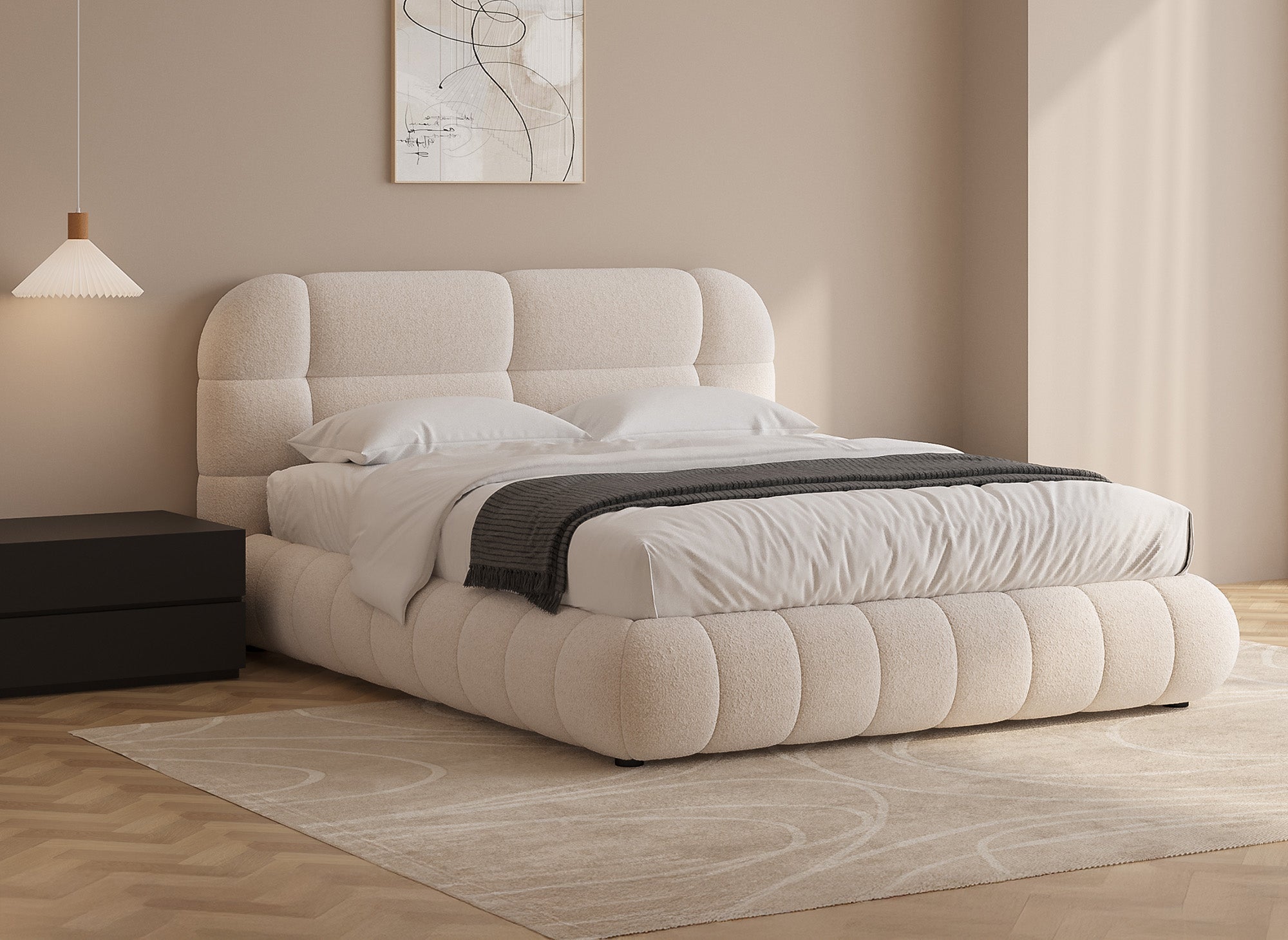 Lit double en tissu bouclette écru 140x190 cm YOURI