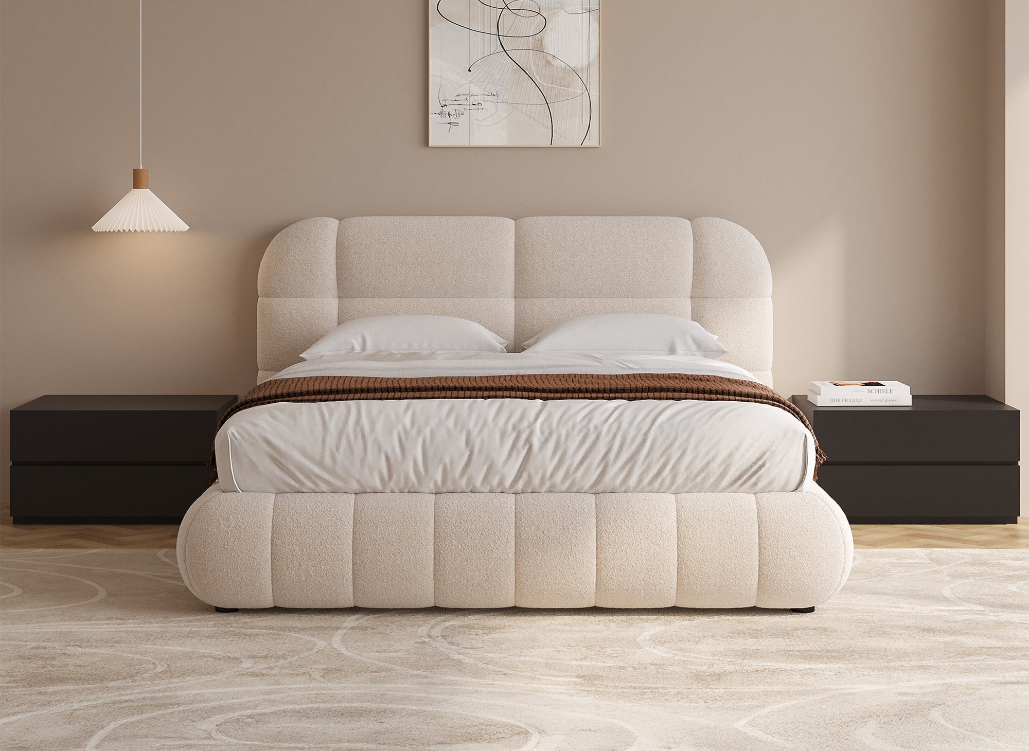 Lit coffre en tissu bouclette écru 160x200 cm YOURI