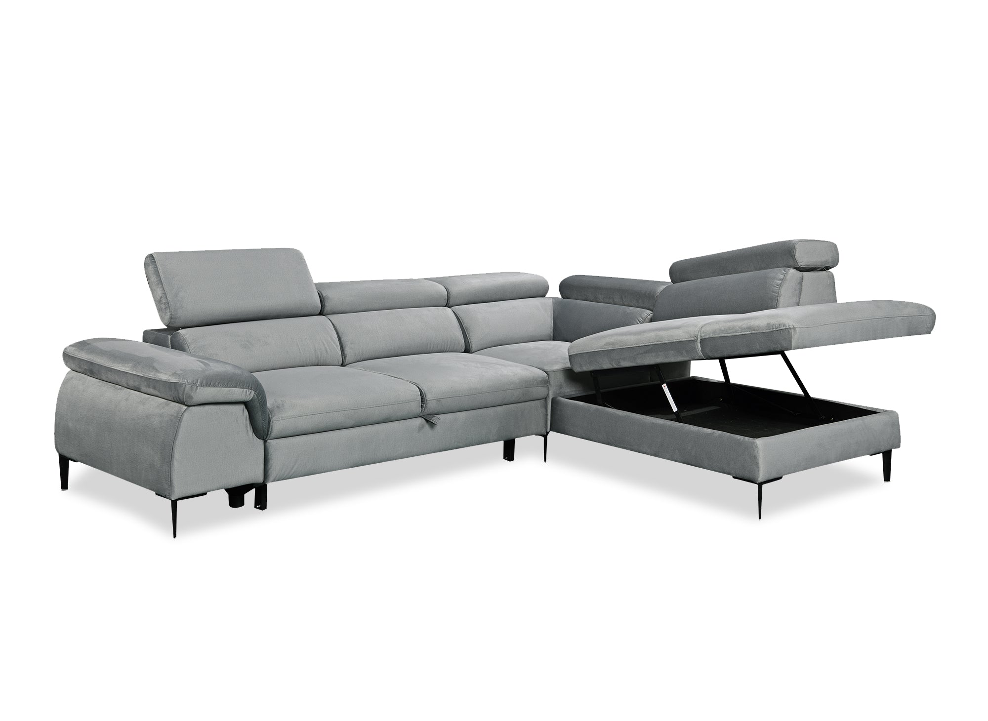 Canapé d'angle convertible avec coffre de rangement en velours gris SWAN - Angle droit