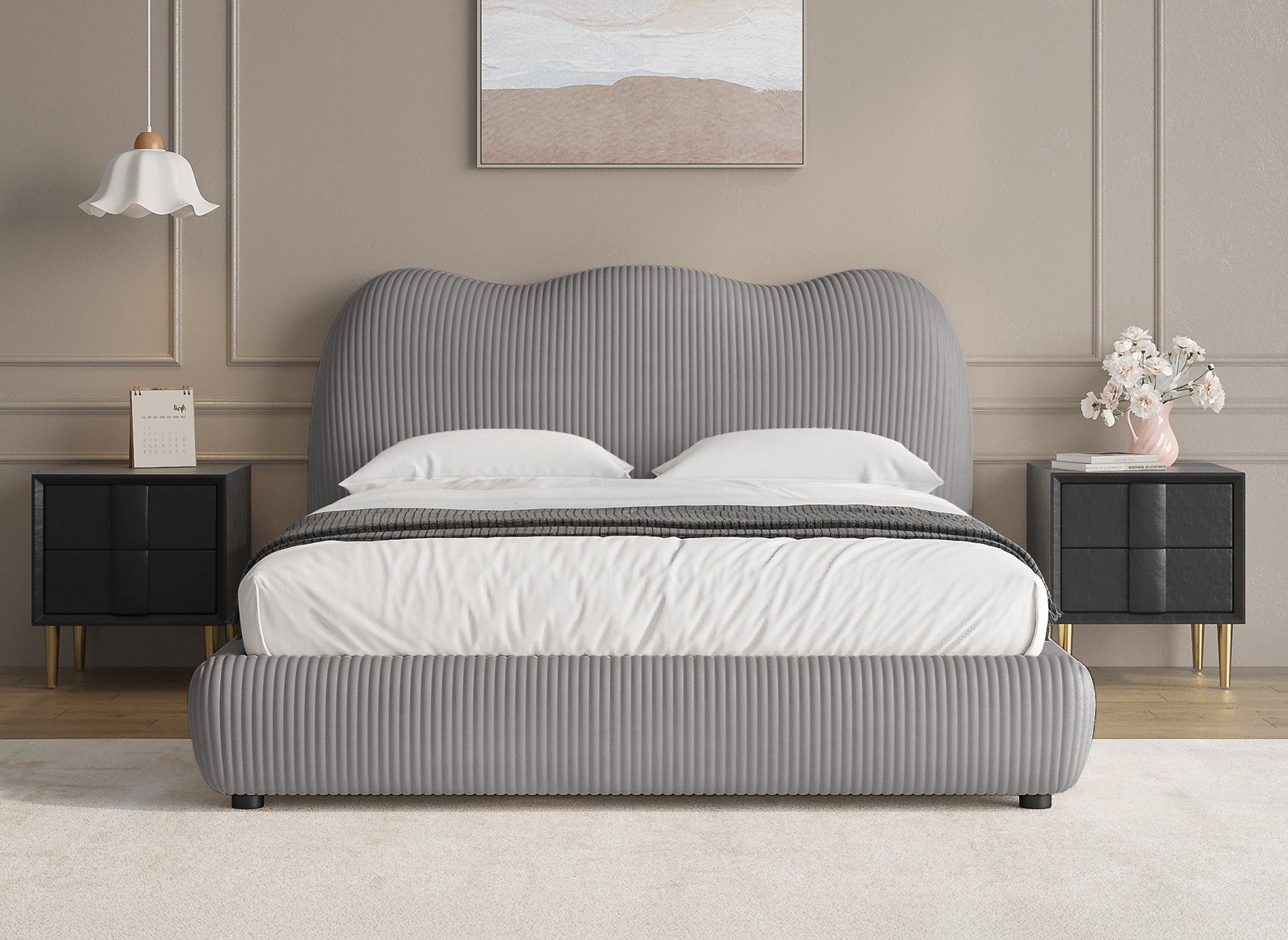 Lit double en velours côtelé épais gris 180x200 cm SARA