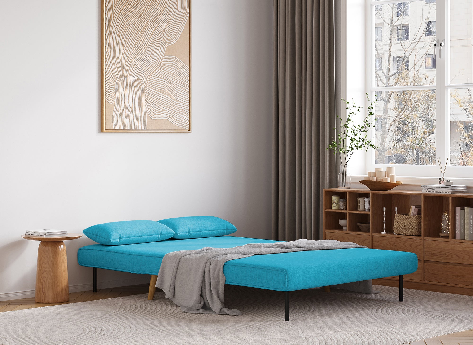 Banquette convertible 2 places en tissu bleu turquoise TONKA