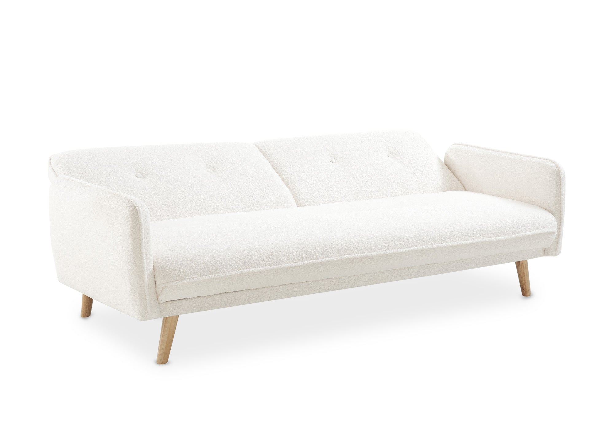 Canapé clic clac en tissu bouclette blanc écru avec pieds en bois NATAL