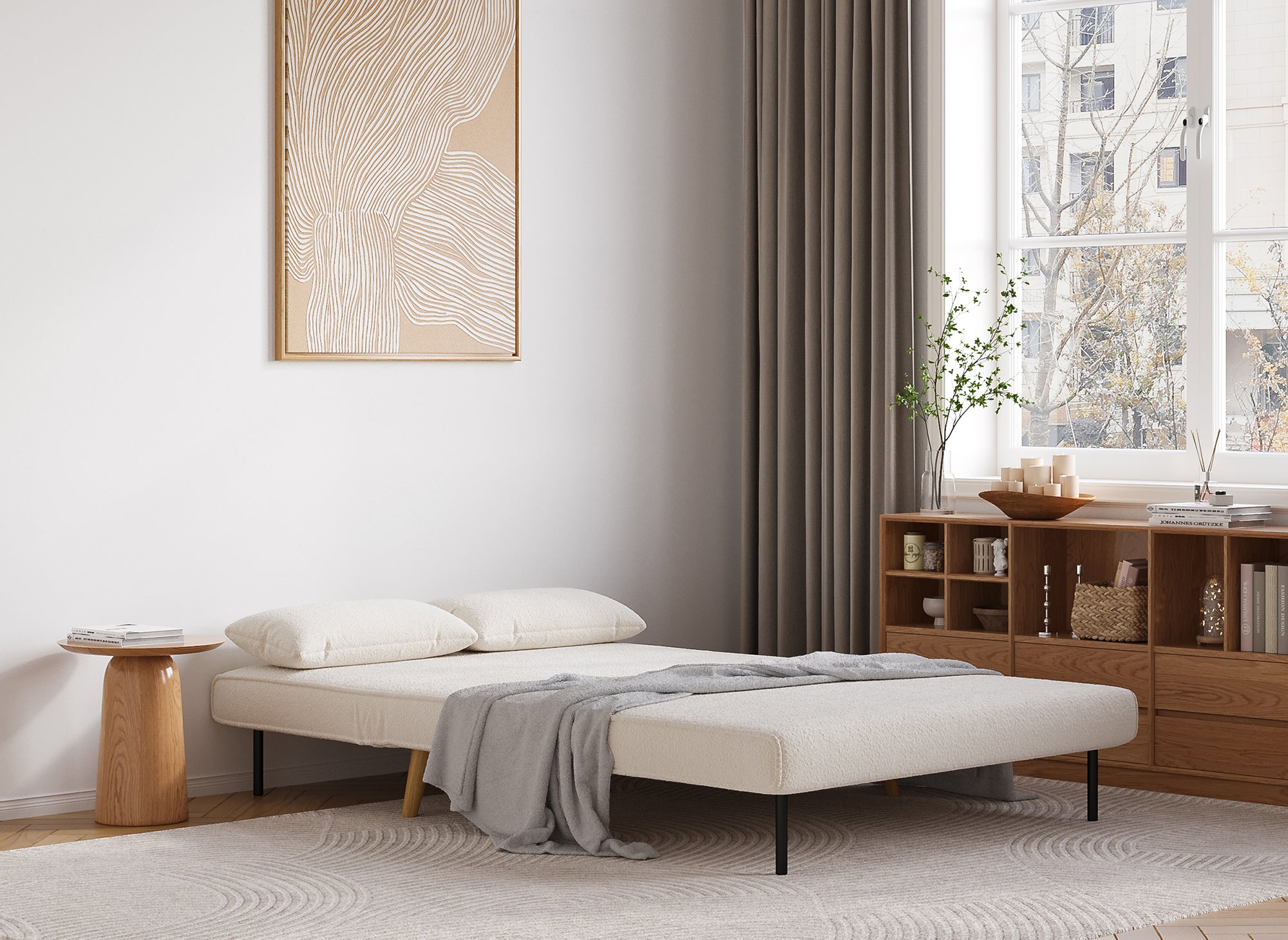 Banquette convertible 2 places en tissu effet peau de mouton blanc écru TONKA