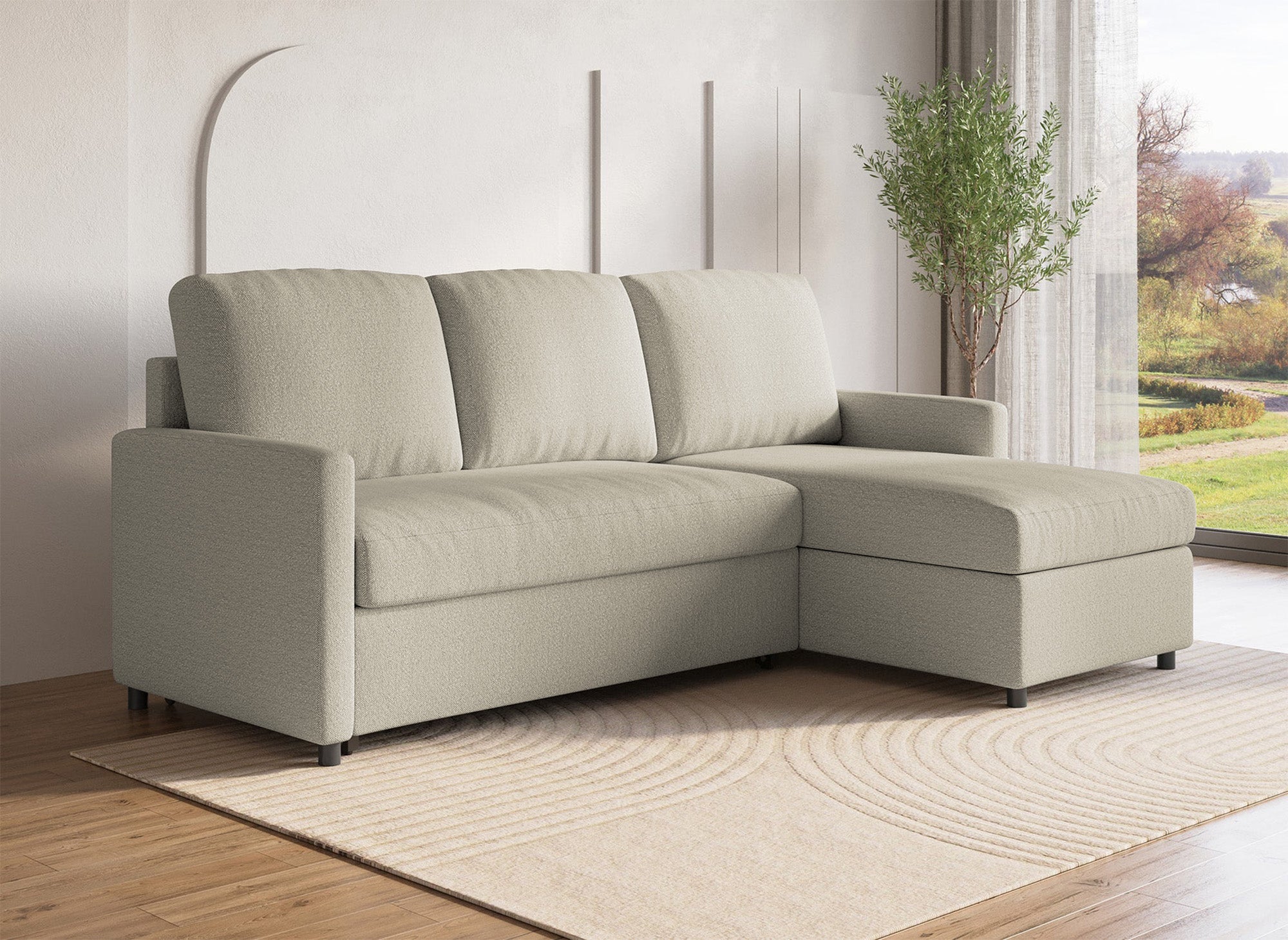 Divano angolare reversibile con contenitore trasformabile in tessuto beige ADAM