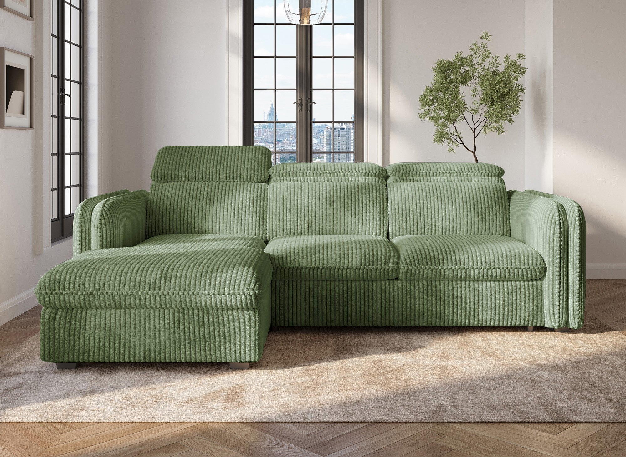 Canapé d'angle convertible en velours côtelé épais vert clair ISABELLA - Angle gauche