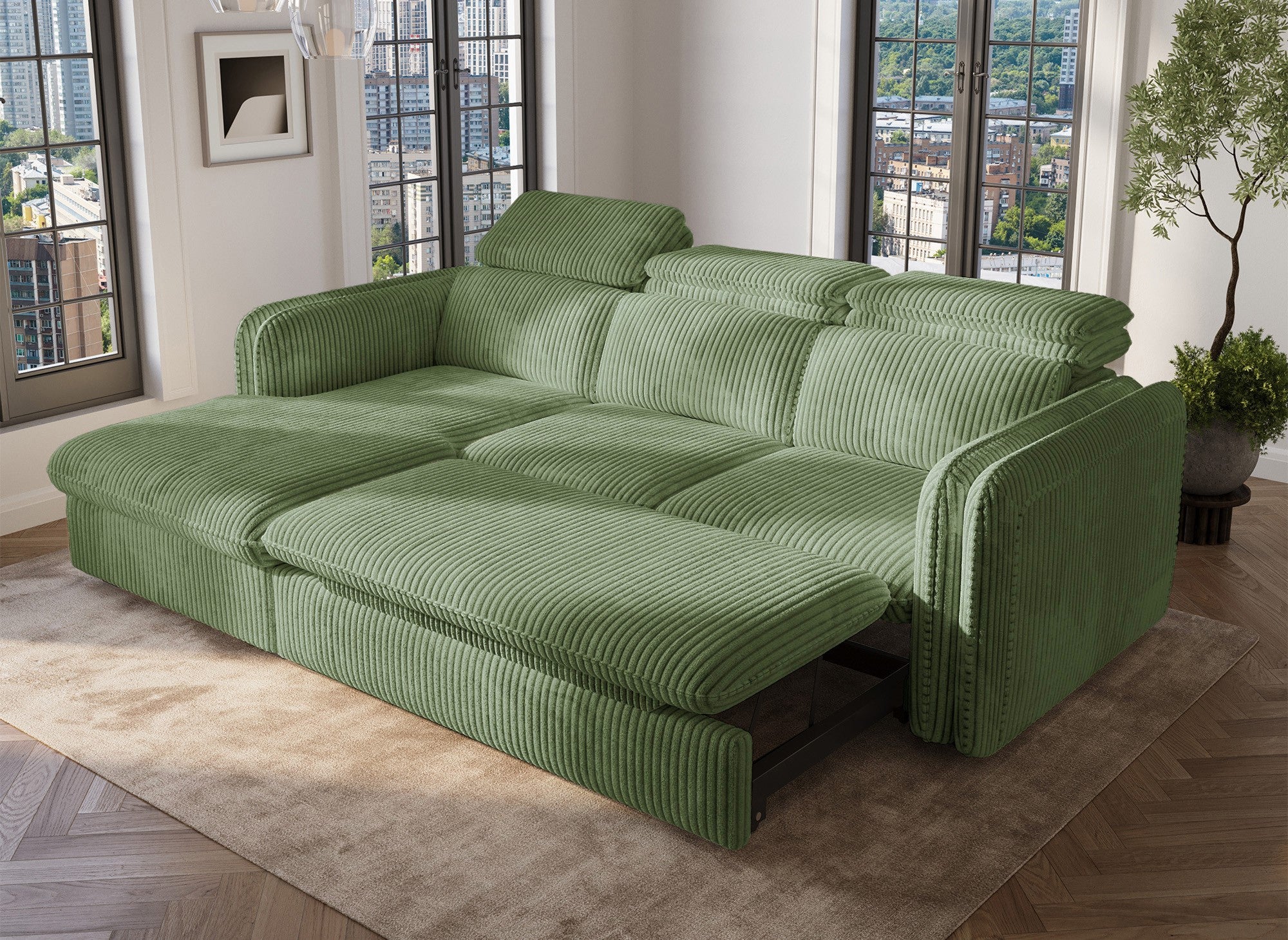 Canapé d'angle convertible en velours côtelé épais vert clair ISABELLA - Angle gauche