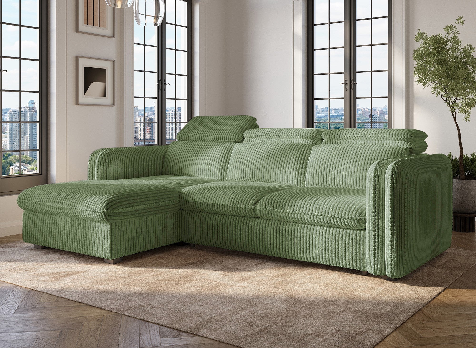 Canapé d'angle convertible en velours côtelé épais vert clair ISABELLA - Angle gauche