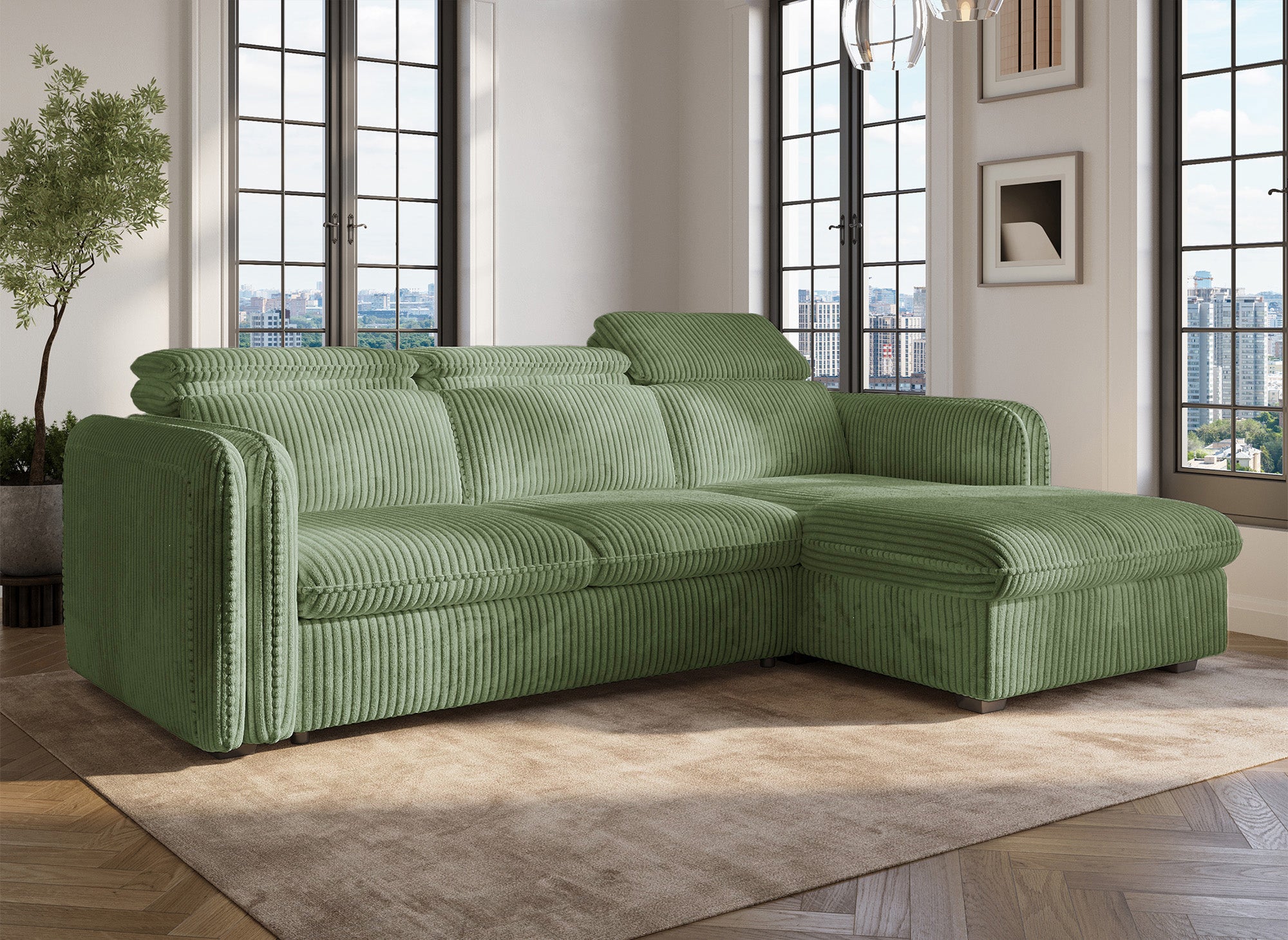 Canapé d'angle convertible en velours côtelé épais vert clair ISABELLA - Angle droit