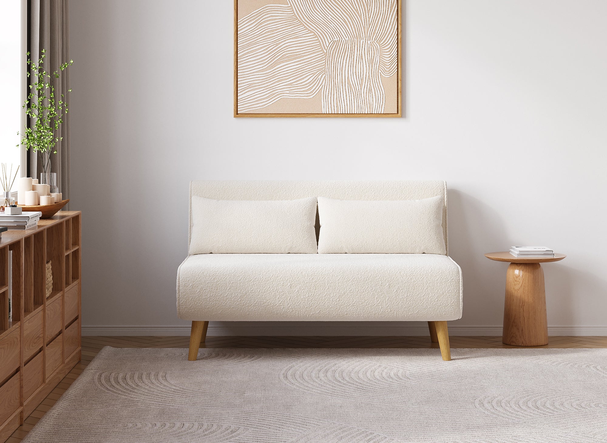 Banquette convertible 2 places en tissu effet peau de mouton blanc écru TONKA