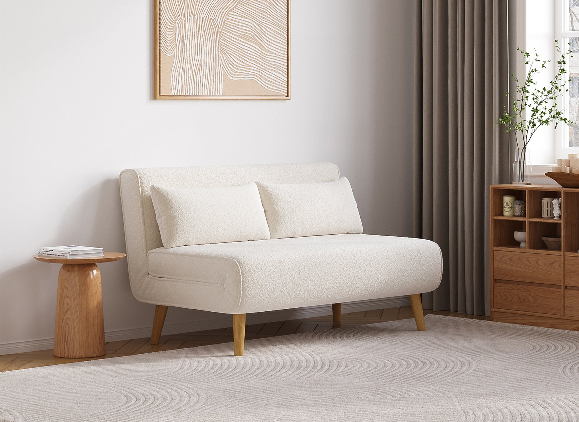 Banquette convertible 2 places en tissu effet peau de mouton blanc écru TONKA