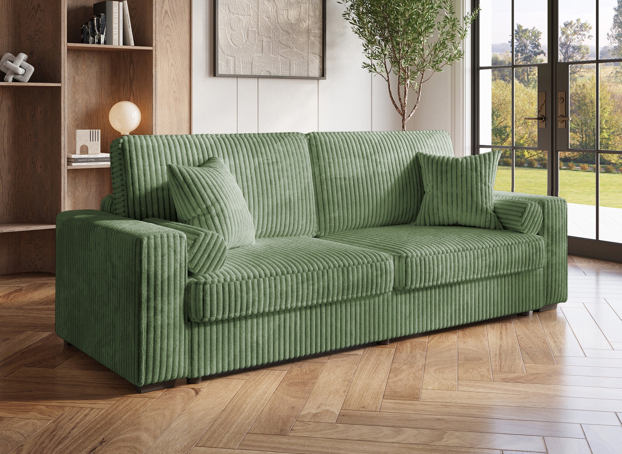 Canapé convertible 3 places en velours côtelé épais vert ALINE