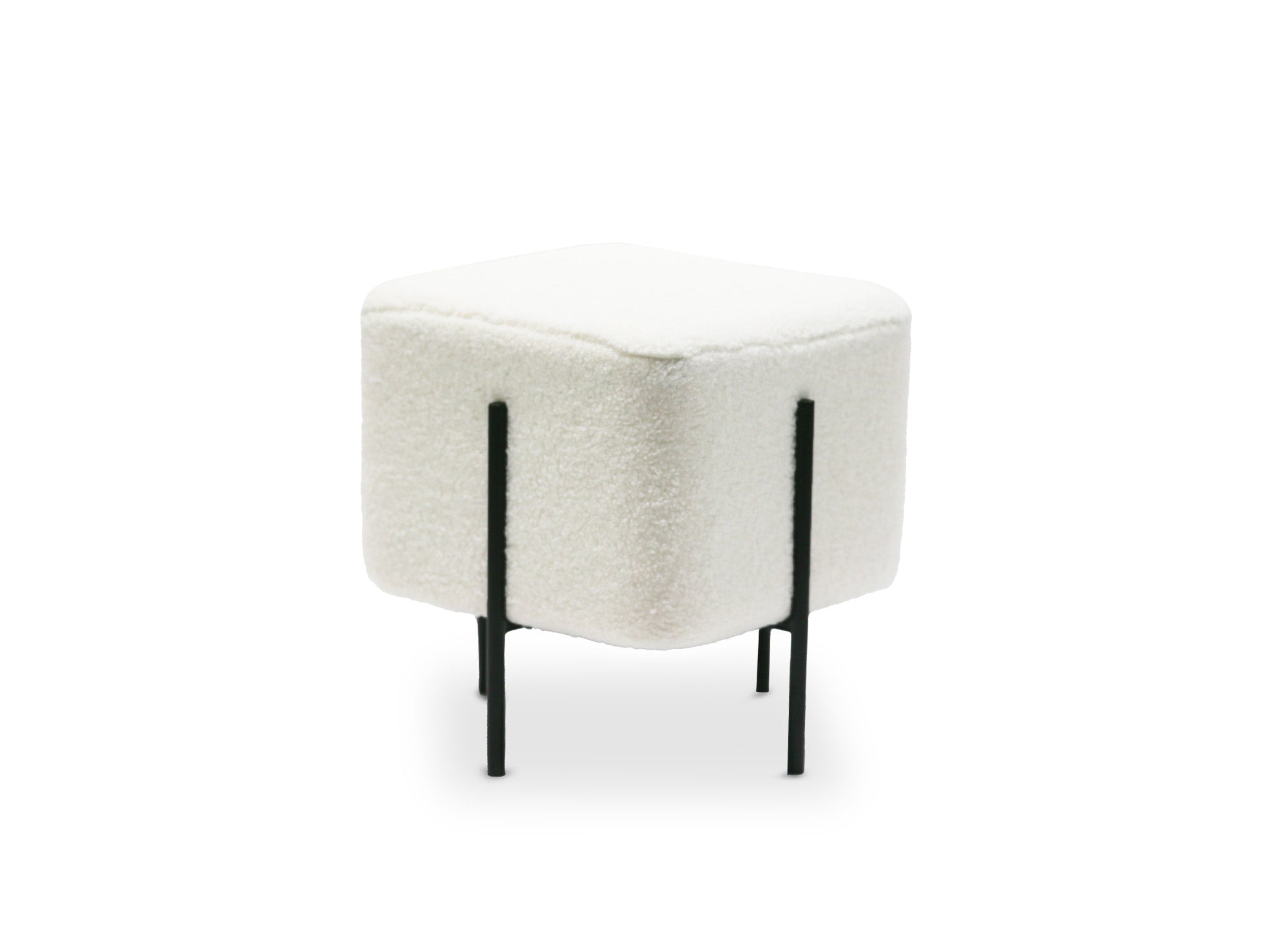 Pouf carré en tissu bouclette blanc écru et pieds en métal noir CUBIC