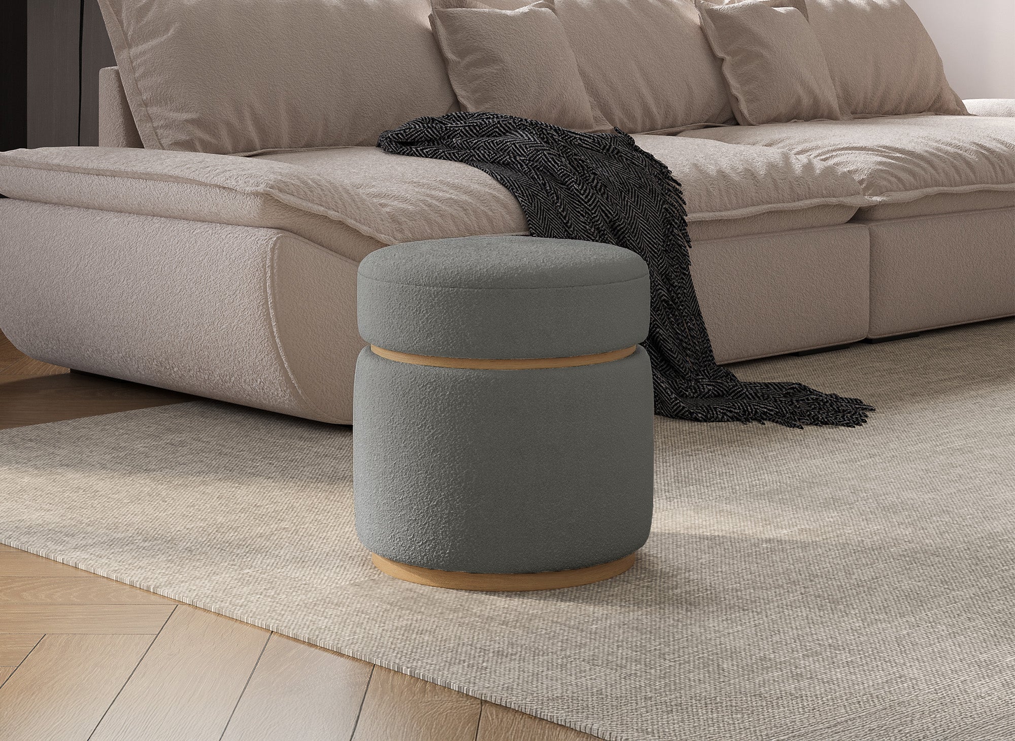 Pouf design en tissu effet peau de mouton gris et bois clair DIVA