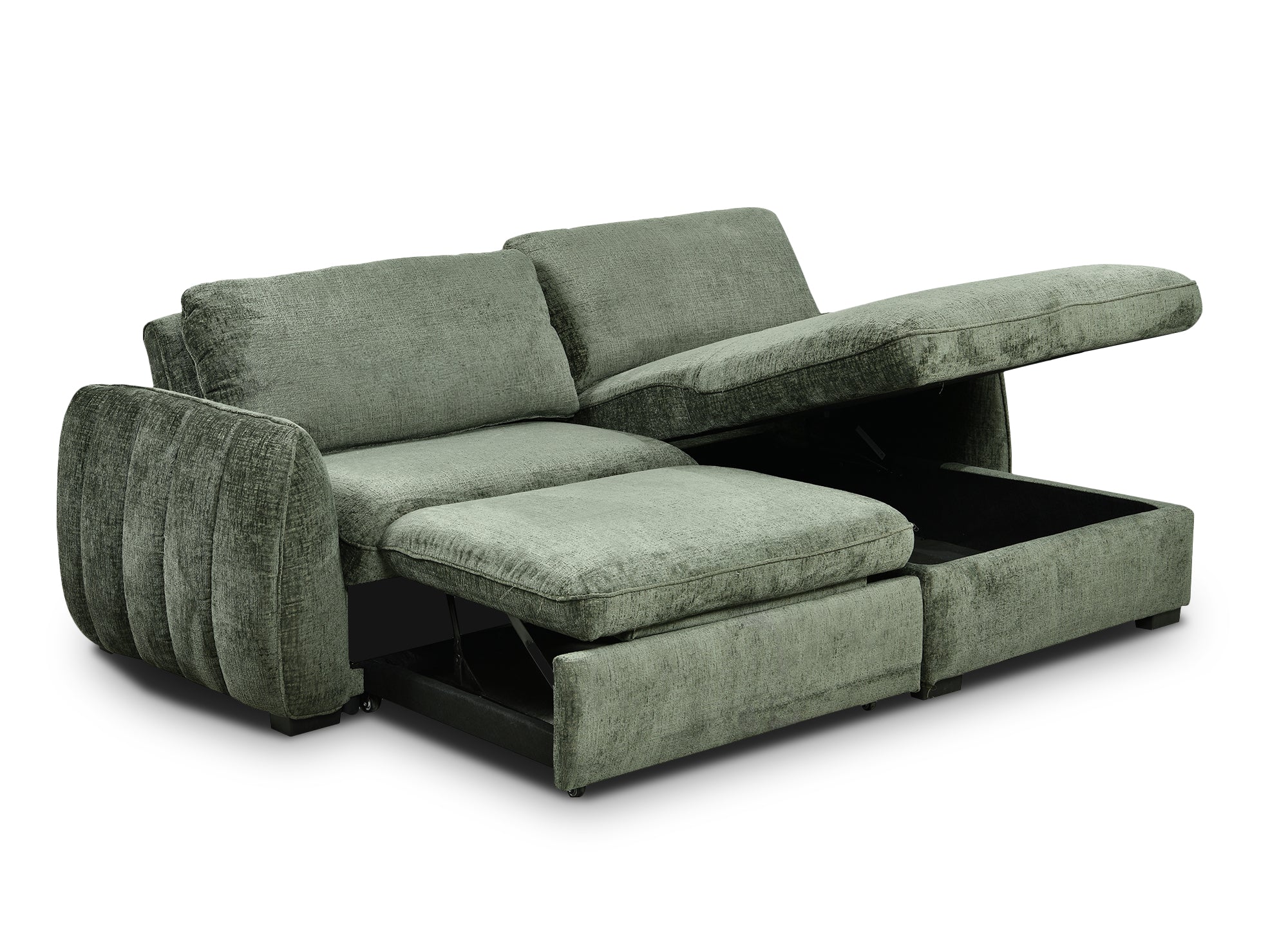 Canapé d'angle convertible et réversible avec coffre en velours chiné vert kaki LIORA