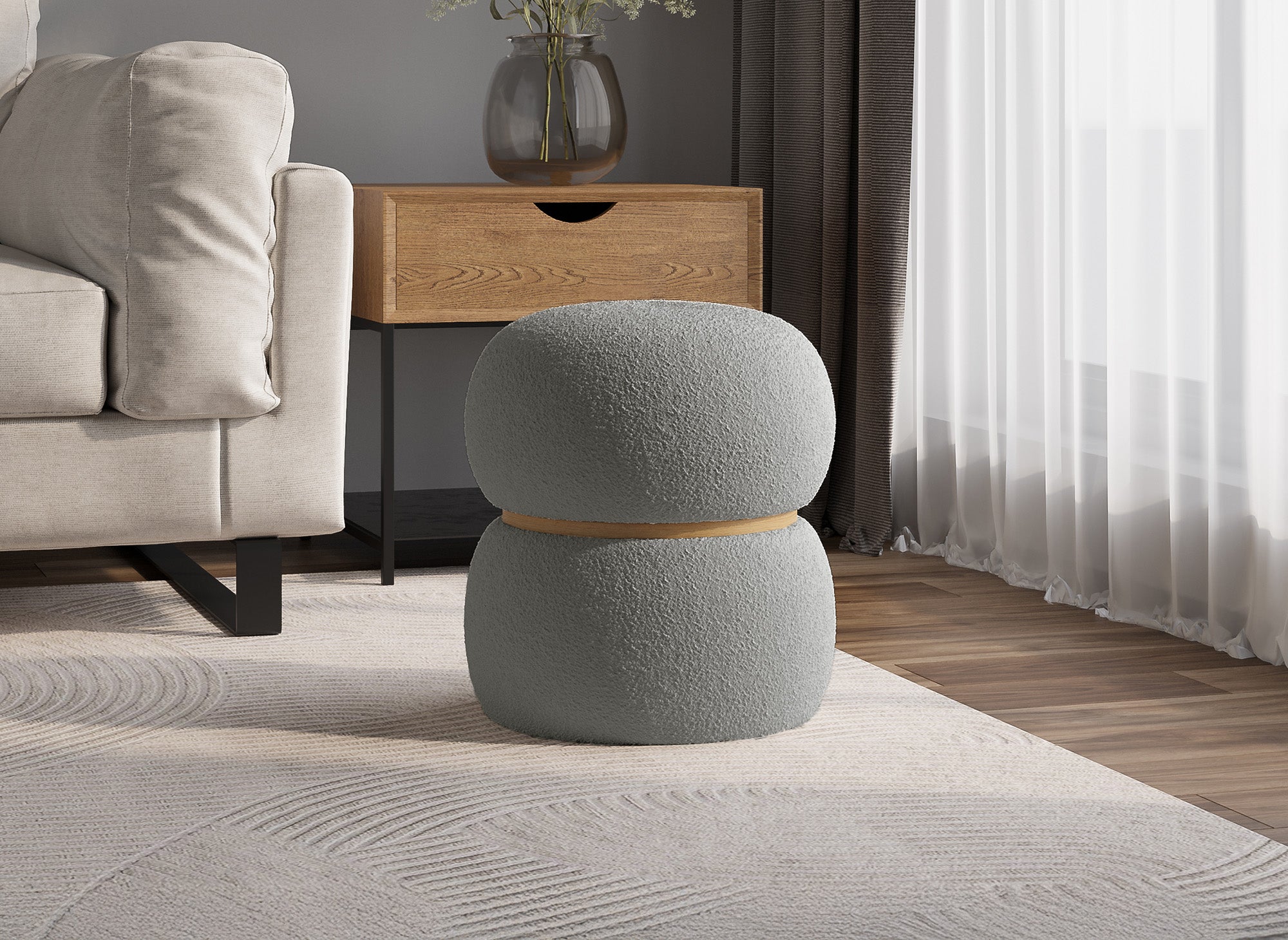 Pouf design en tissu effet peau de mouton gris NESSY