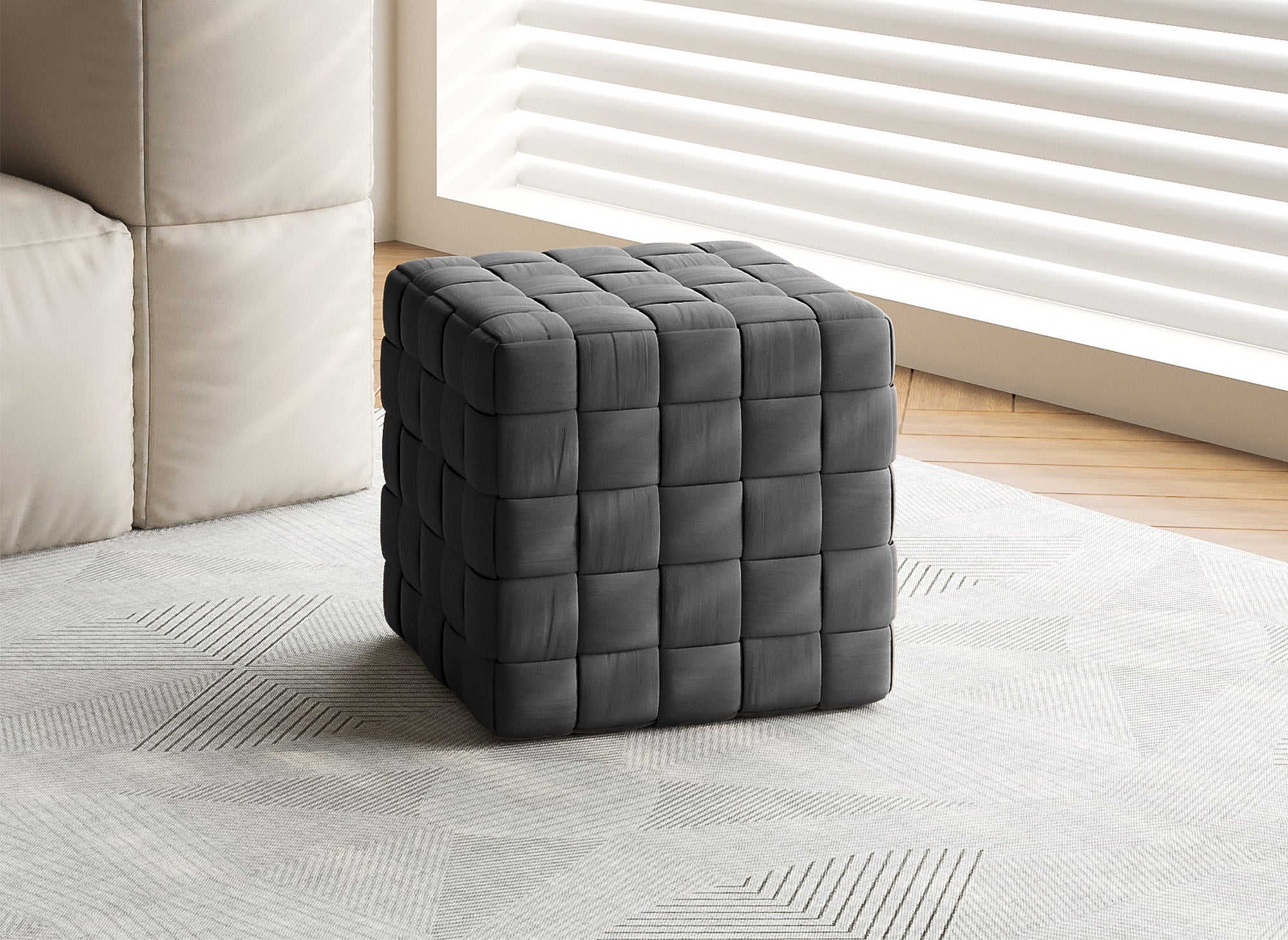 Pouf carré en velours gris tressé MALEK