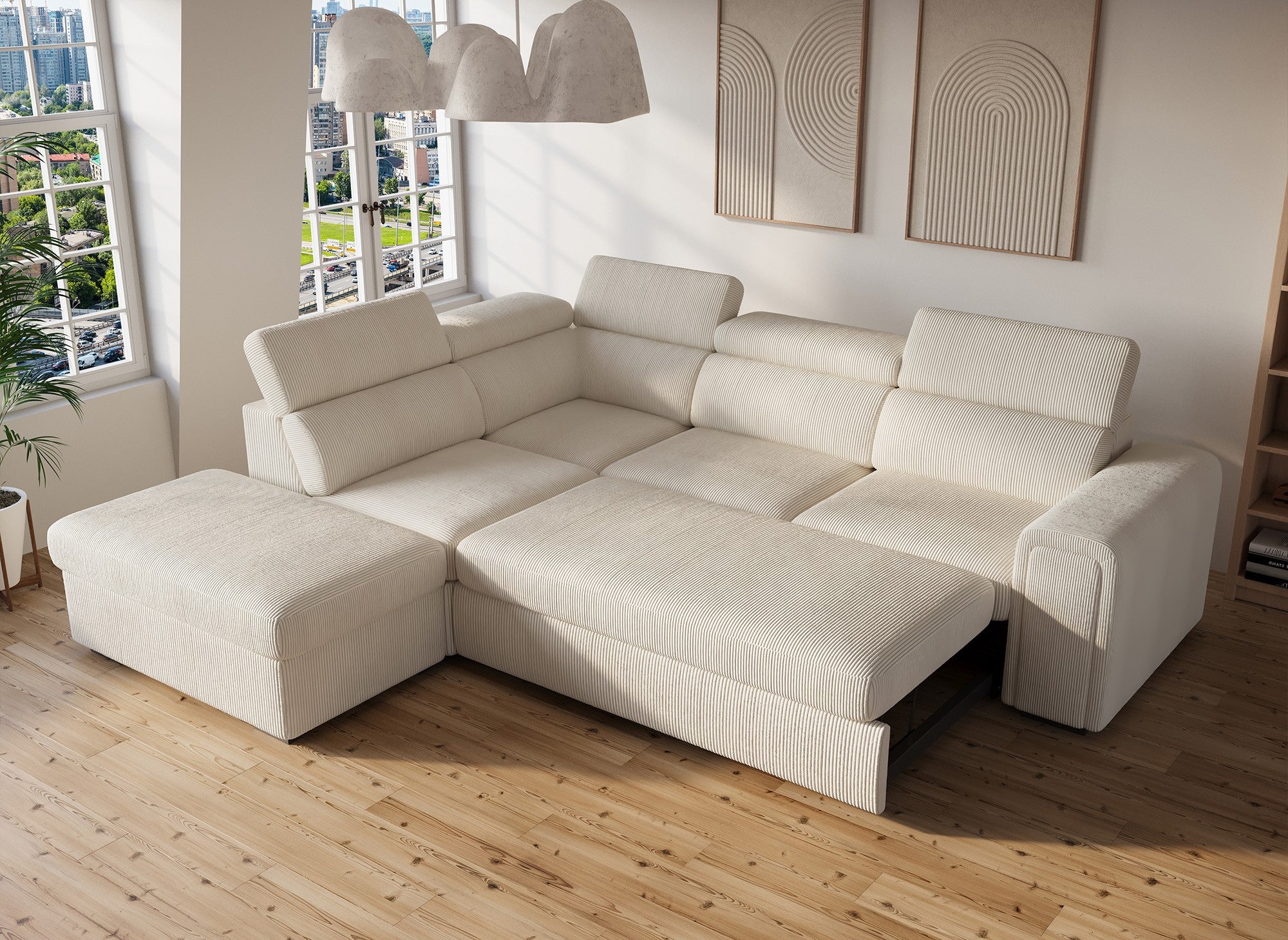 Divano angolare trasformabile con cassapanca ZENOVA in velluto a coste spesso beige - Angolo sinistro