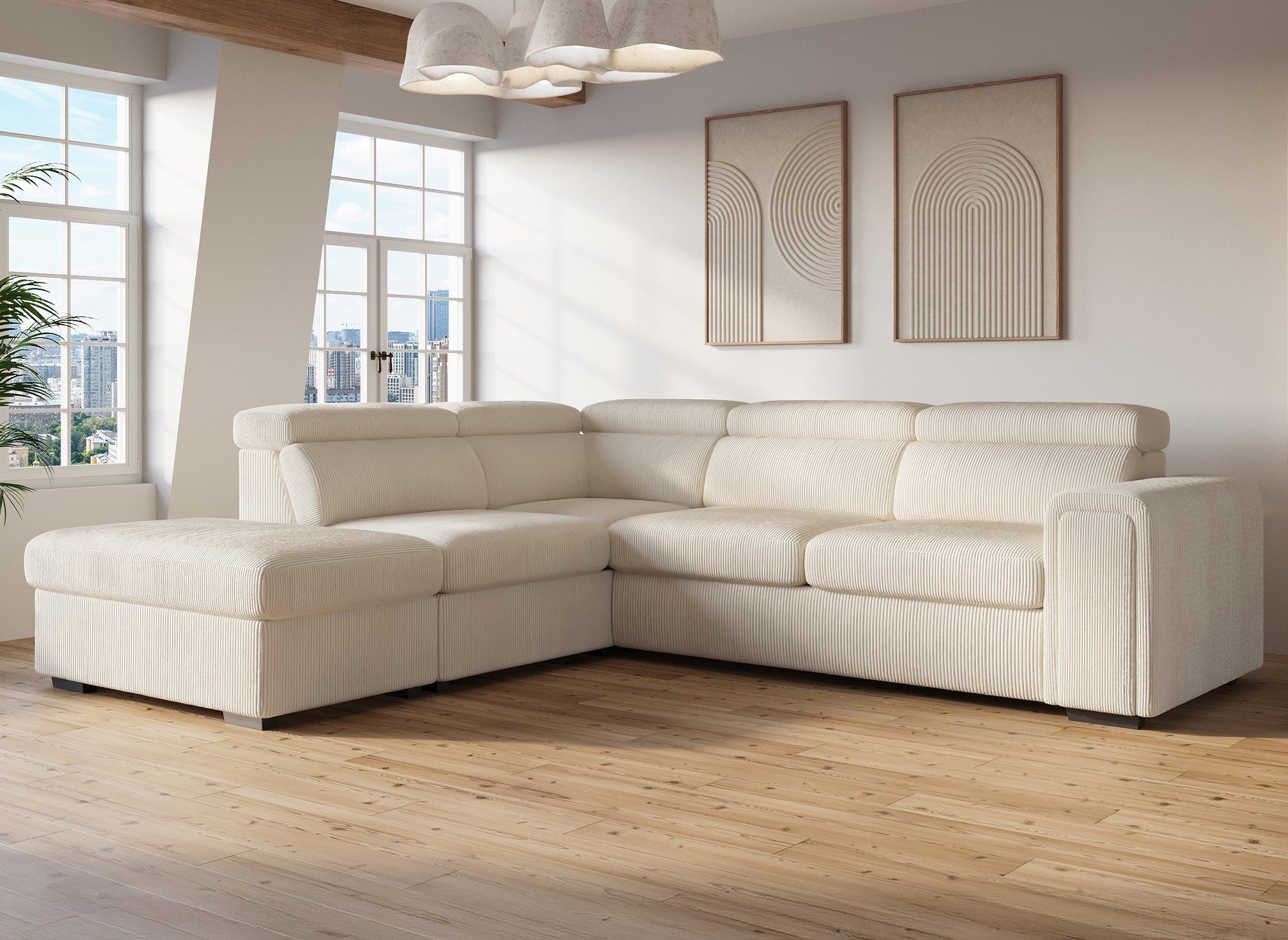 Divano angolare trasformabile con cassapanca ZENOVA in velluto a coste spesso beige - Angolo sinistro