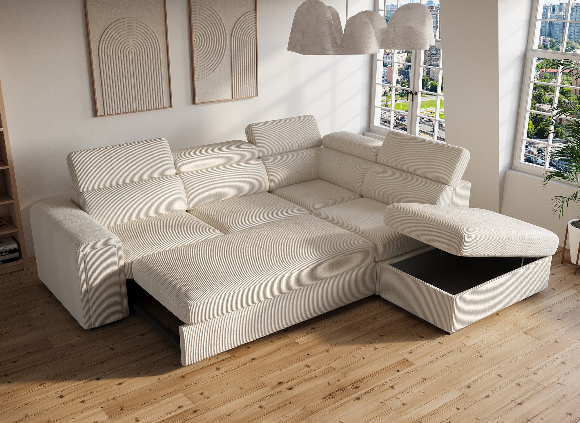 Canapé d'angle convertible avec coffre en velours côtelé épais beige ZENOVA - Angle droit