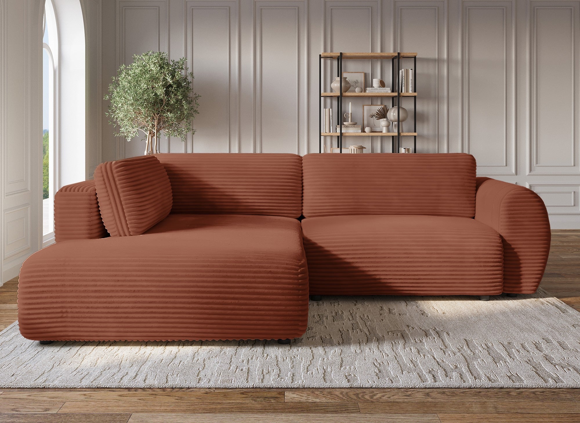 Divano angolare trasformabile con chaise longue e cassapanca in terracotta a coste grandi TILDA - Angolo sinistro